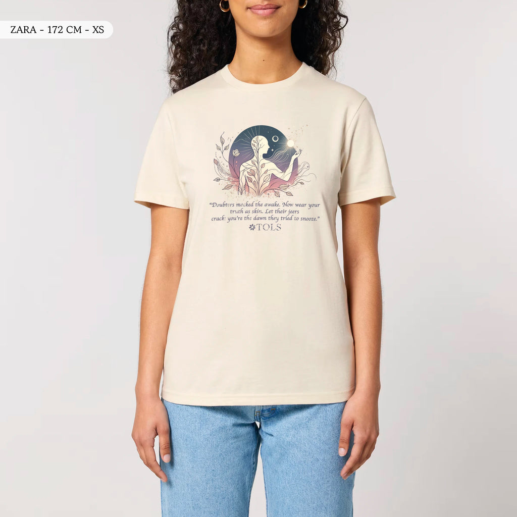 TOLS The Awakening theme men's unisex medium fit organic cotton T-shirt in Natural Raw, female front - Sleepless Light