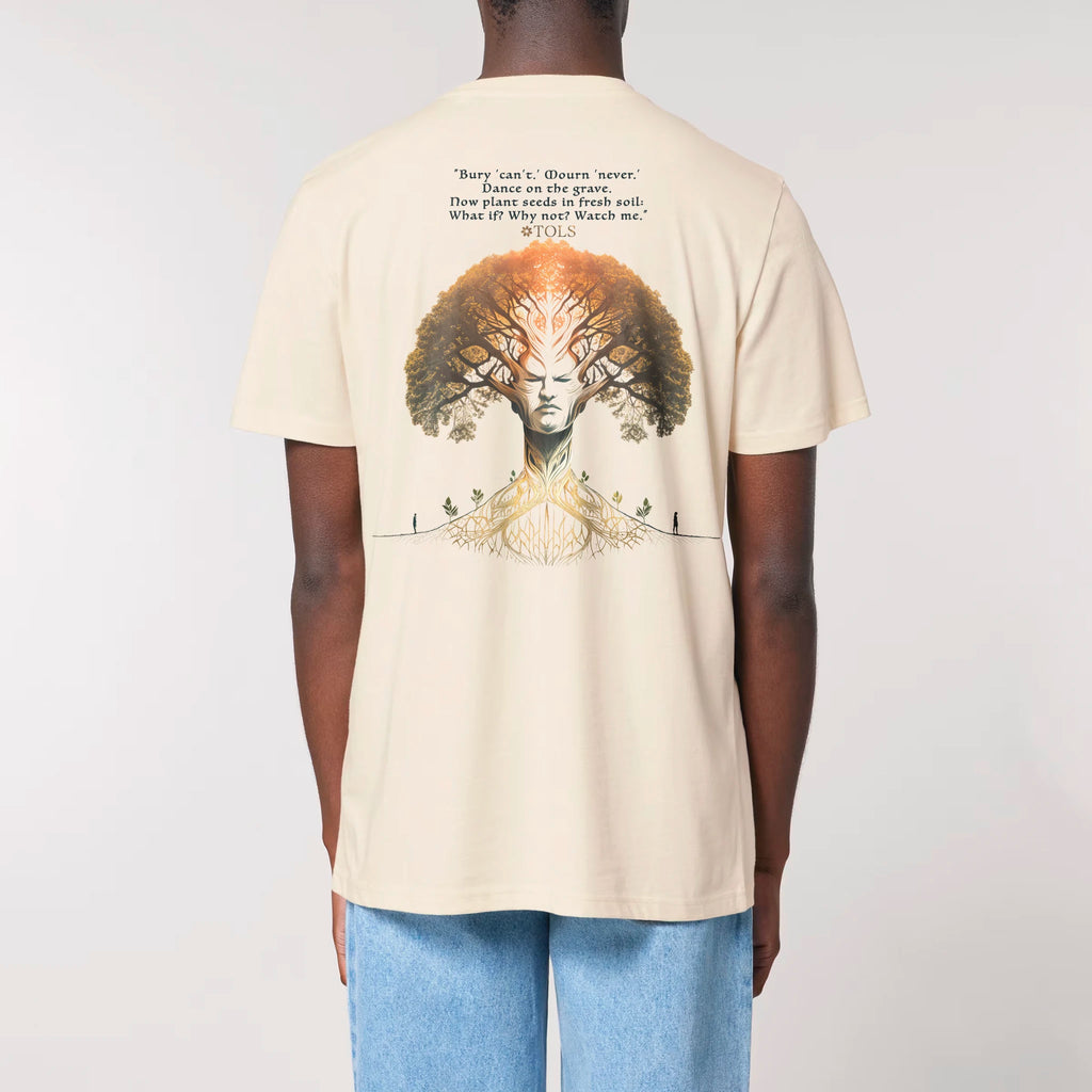 TOLS The Awakening theme men's unisex medium fit organic cotton T-shirt in Natural Raw, male back - Seed Rebellion