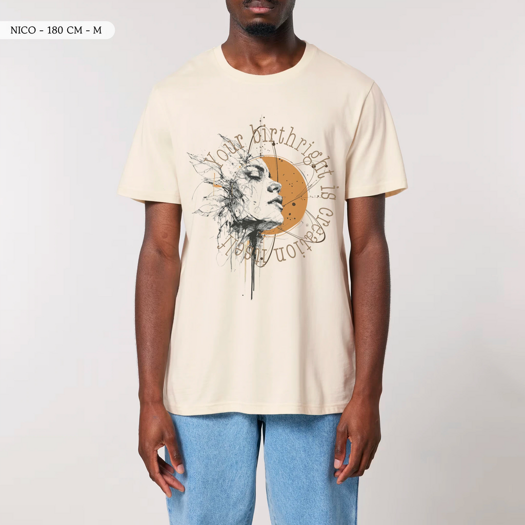 TOLS The Awakening theme men's unisex medium fit organic cotton T-shirt in Natural Raw, male front - Remember