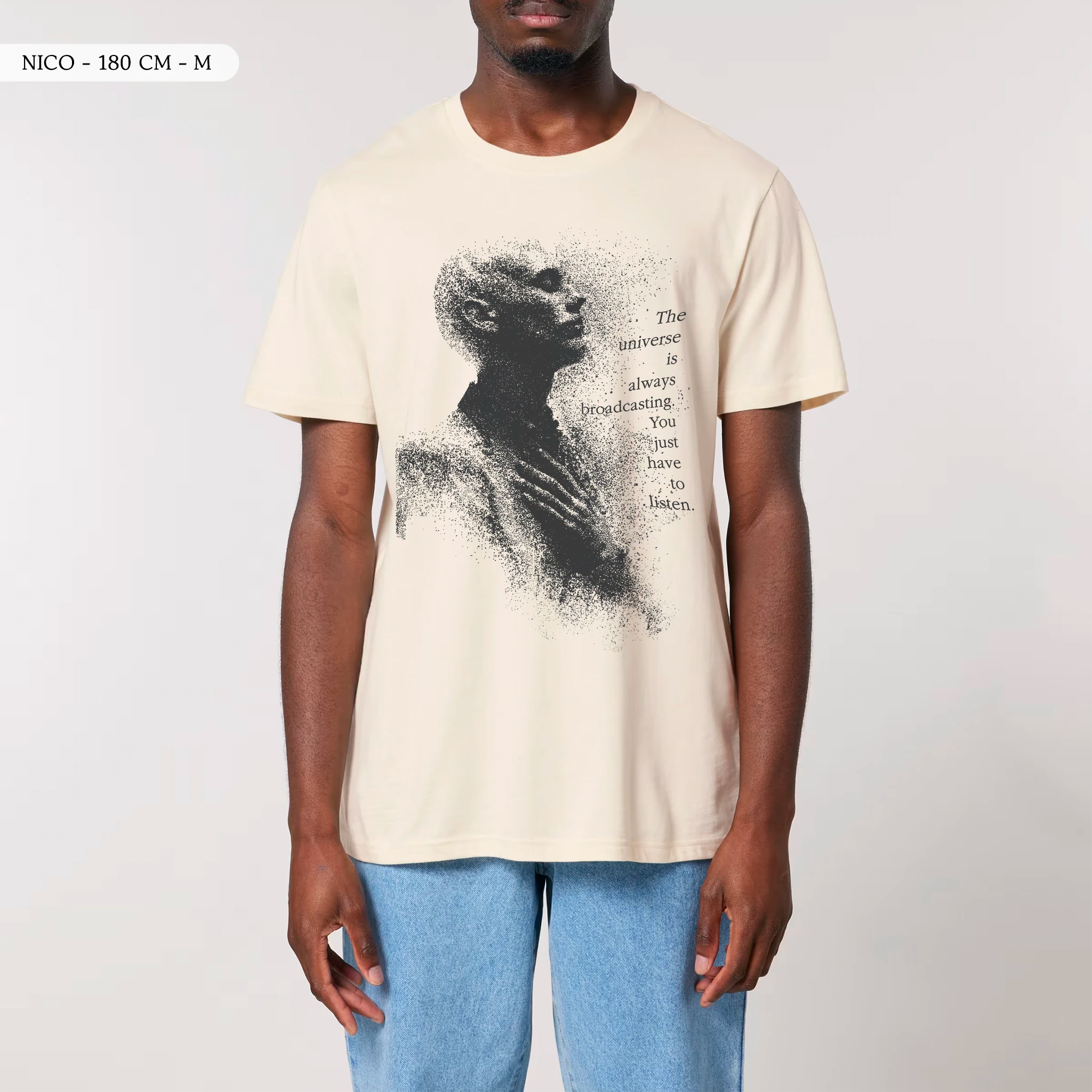 TOLS The Awakening theme men's unisex medium fit organic cotton T-shirt in Natural Raw, male front - Tune In