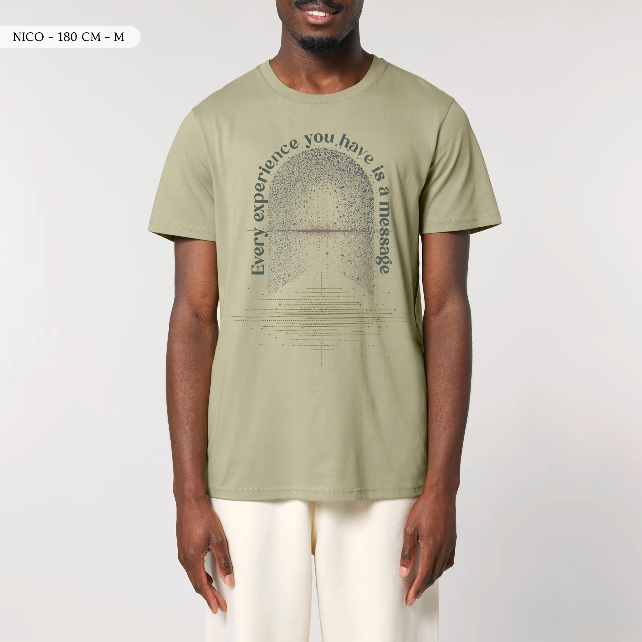 TOLS The Awakening theme men's unisex medium fit organic cotton T-shirt in Sage, male front - All Messages