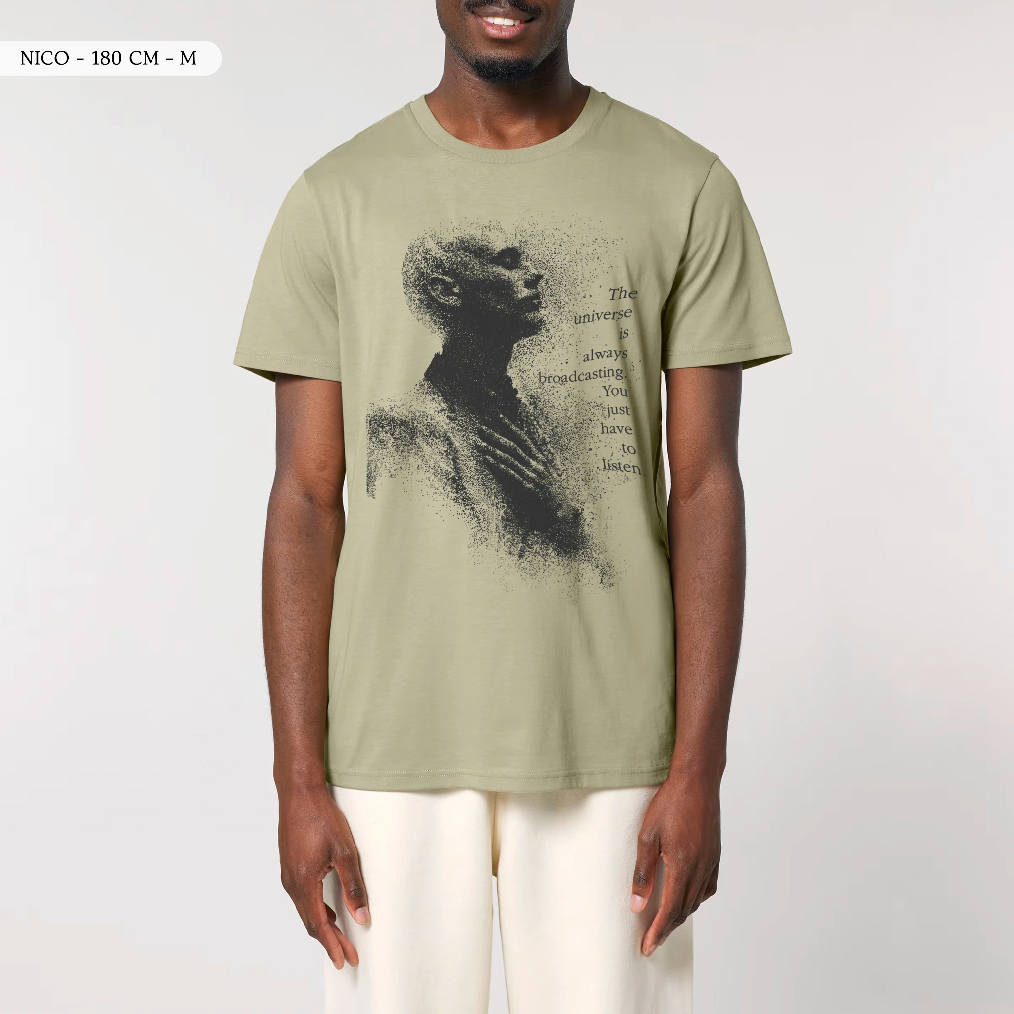 TOLS The Awakening theme men's unisex medium fit organic cotton T-shirt in Sage, male front - Tune In