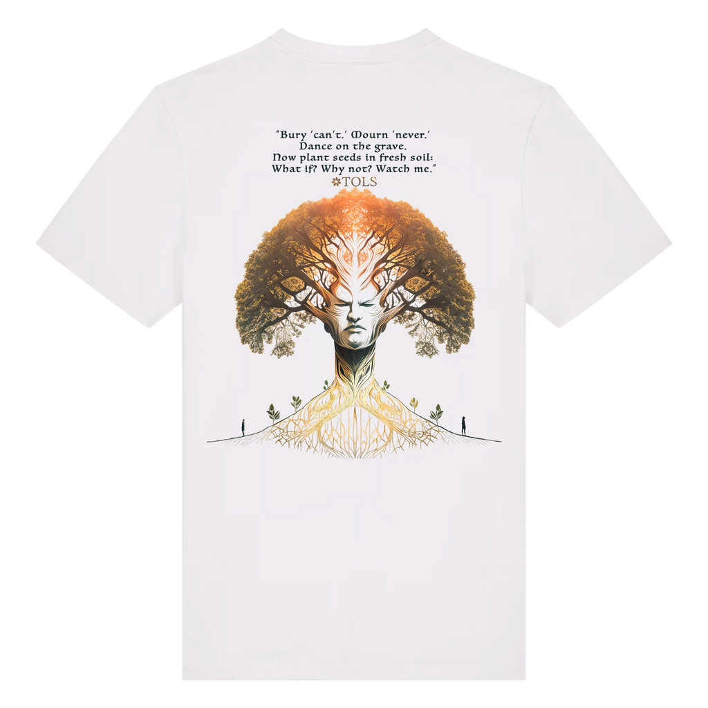 TOLS The Awakening theme men's unisex medium fit organic cotton T-shirt in White, back - Seed Rebellion