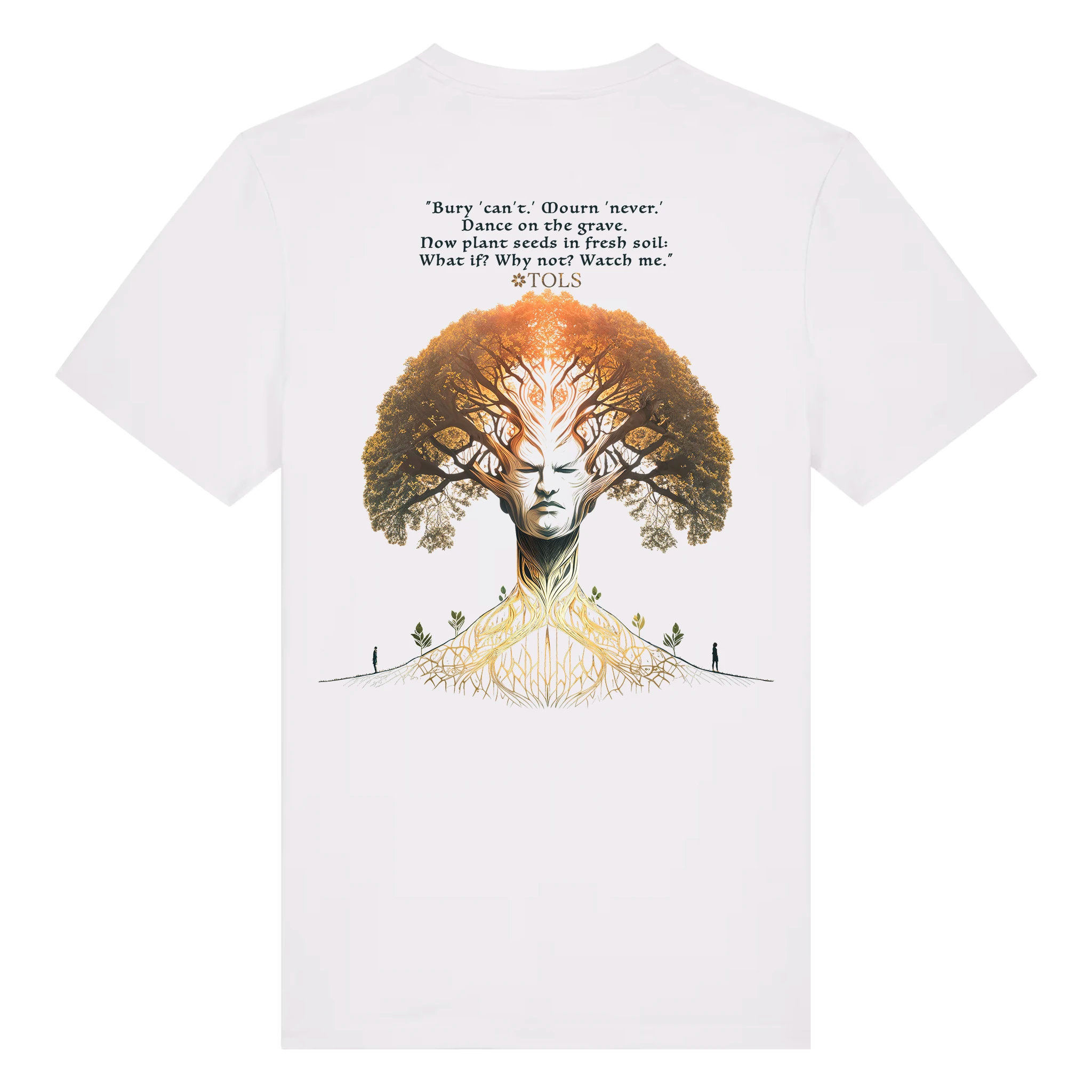 TOLS The Awakening theme men's unisex medium fit organic cotton T-shirt in White, back - Seed Rebellion