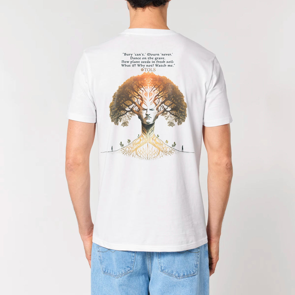 TOLS The Awakening theme men's unisex medium fit organic cotton T-shirt in White, male back - Seed Rebellion