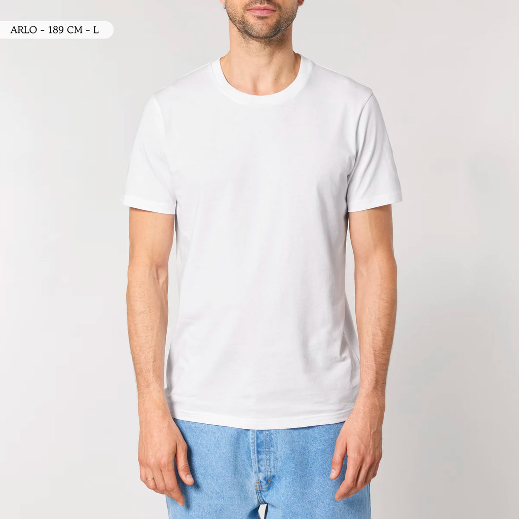 TOLS The Awakening theme men's unisex medium fit organic cotton T-shirt in White, male front - Seed Rebellion