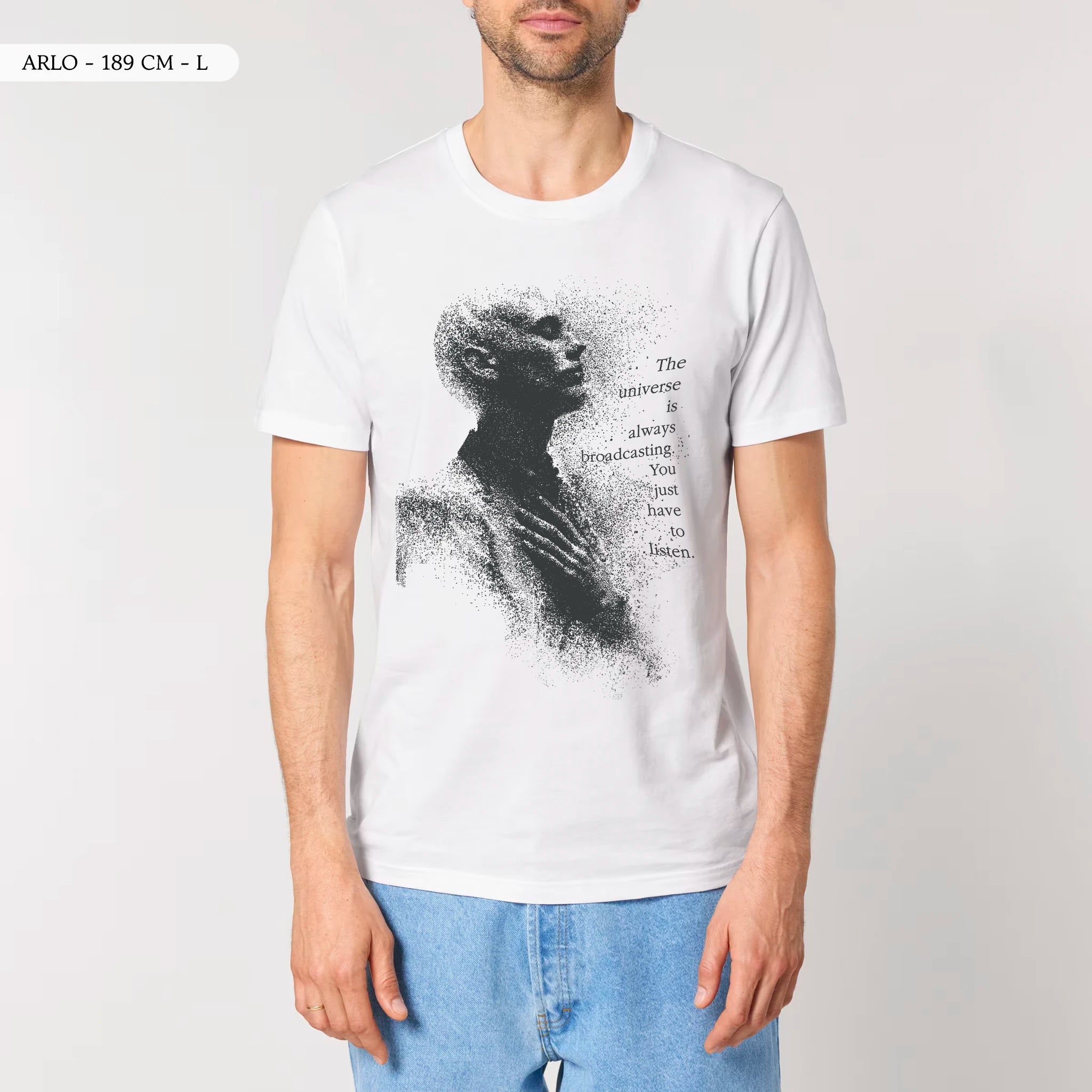 TOLS The Awakening theme men's unisex medium fit organic cotton T-shirt in White, male front - Tune In