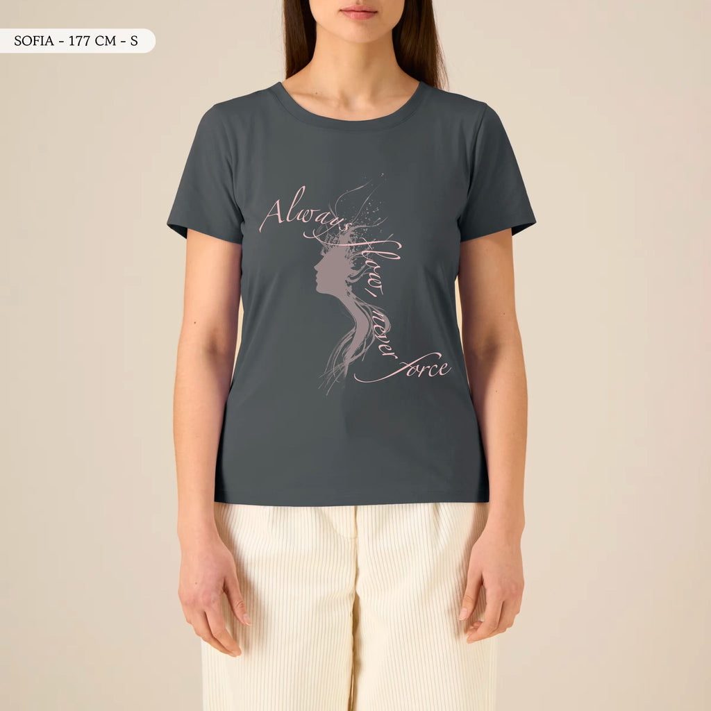 TOLS The Awakening theme women's fitted organic cotton T-shirt in Anthracite, female front - Always Flow