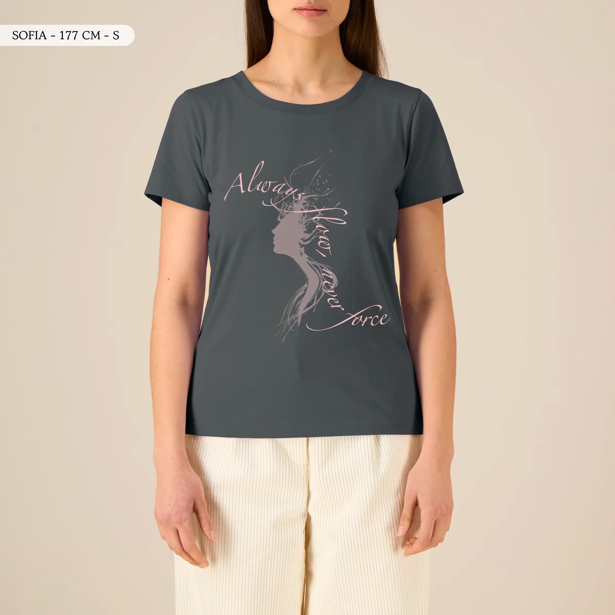 TOLS The Awakening theme women's fitted organic cotton T-shirt in Anthracite, female front - Always Flow