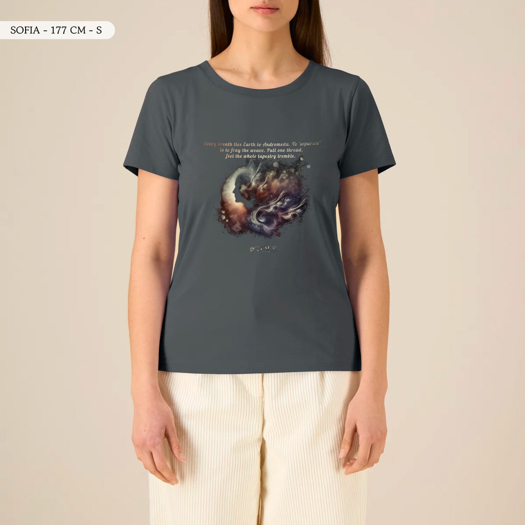 TOLS The Awakening theme women's fitted organic cotton T-shirt in Anthracite, female front - Galactic Thread