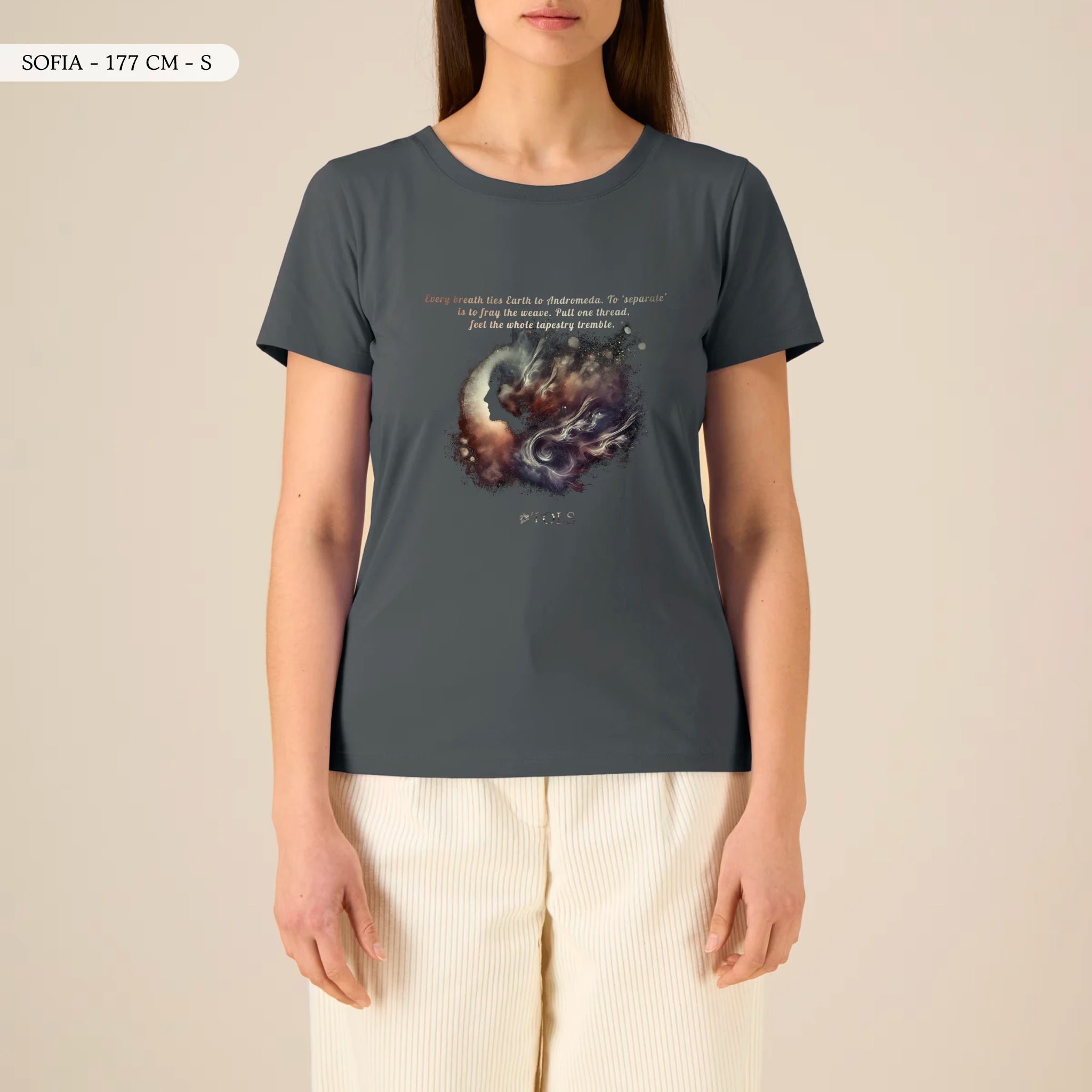 TOLS The Awakening theme women's fitted organic cotton T-shirt in Anthracite, female front - Galactic Thread