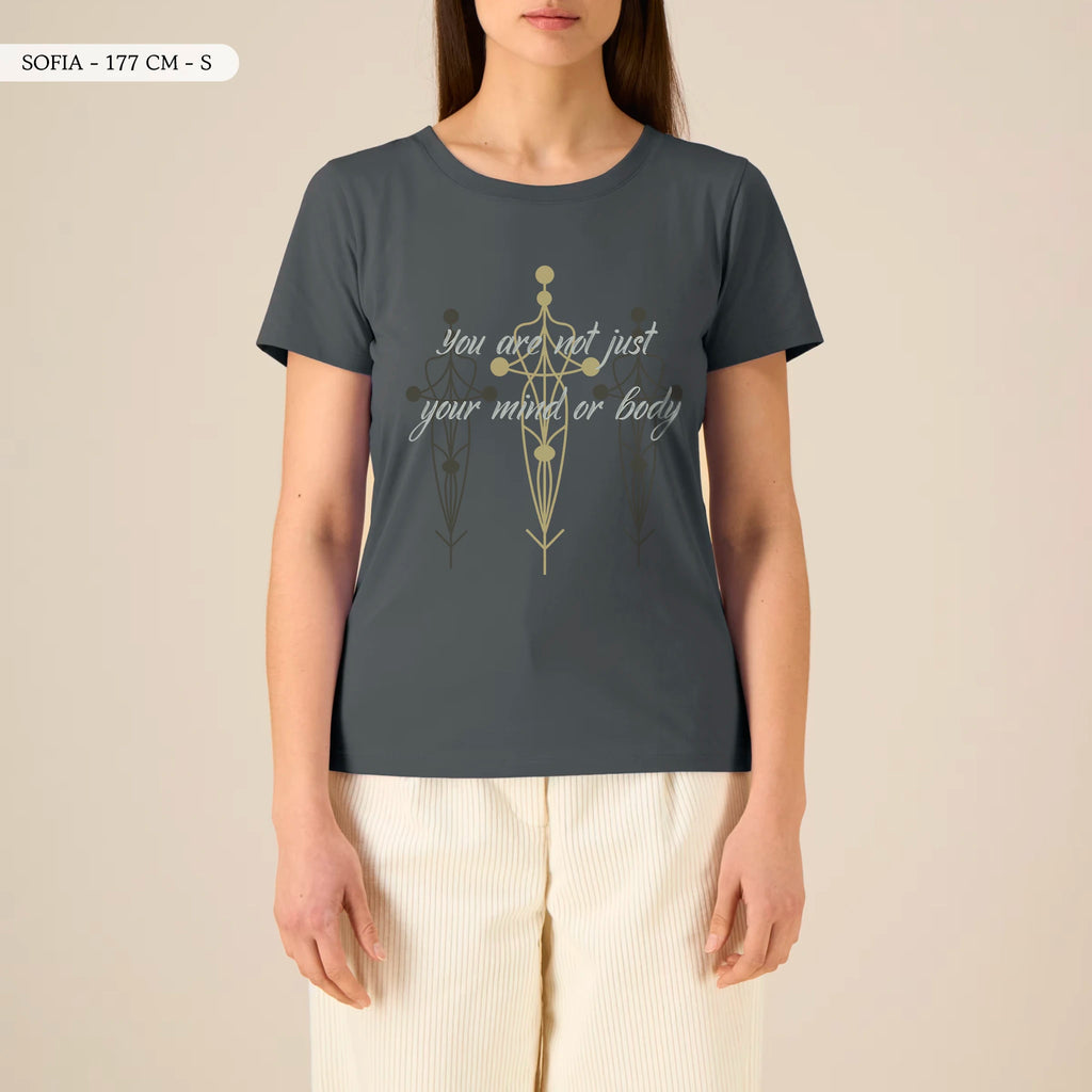 TOLS The Awakening theme women's fitted organic cotton T-shirt in Anthracite, female front - Not Just