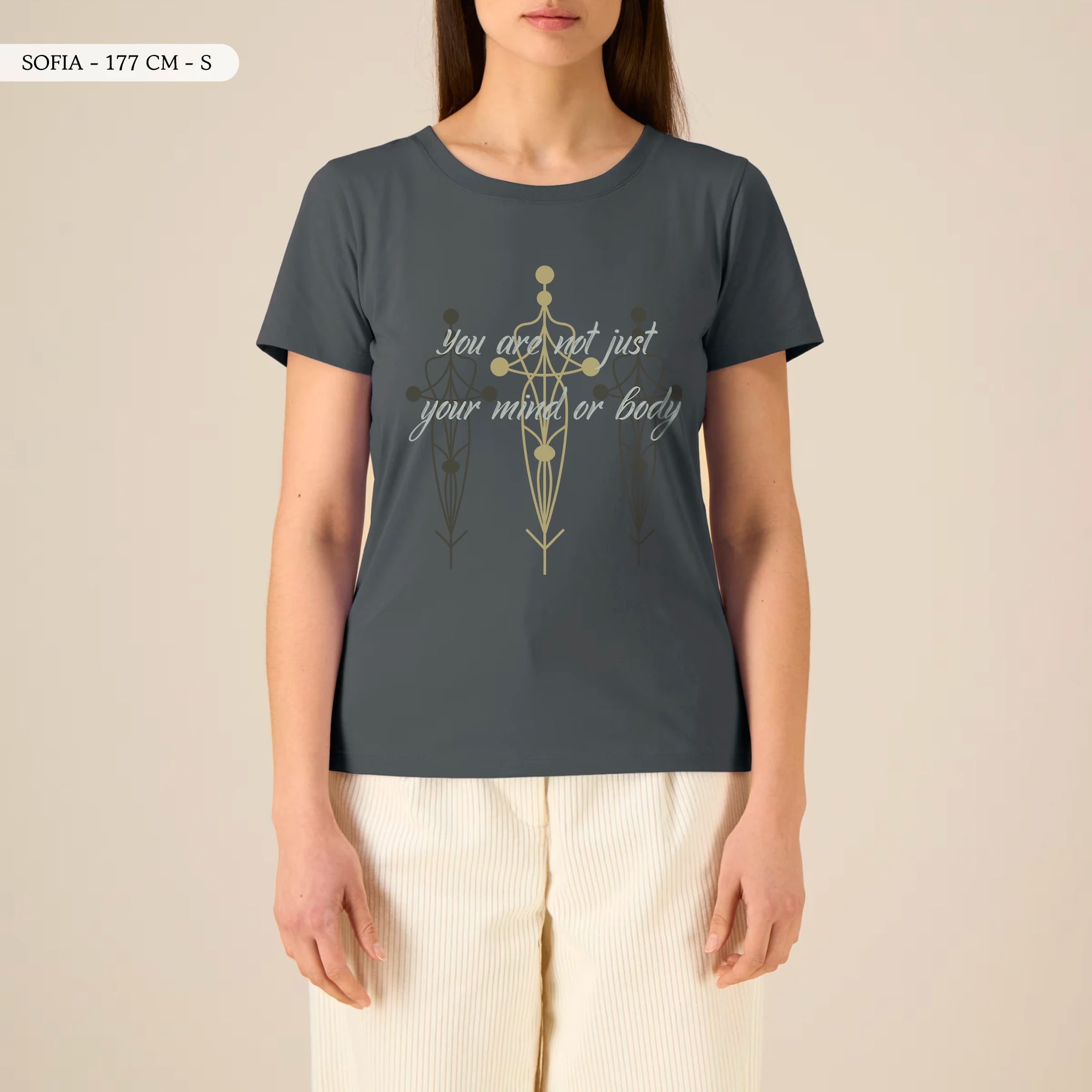 TOLS The Awakening theme women's fitted organic cotton T-shirt in Anthracite, female front - Not Just