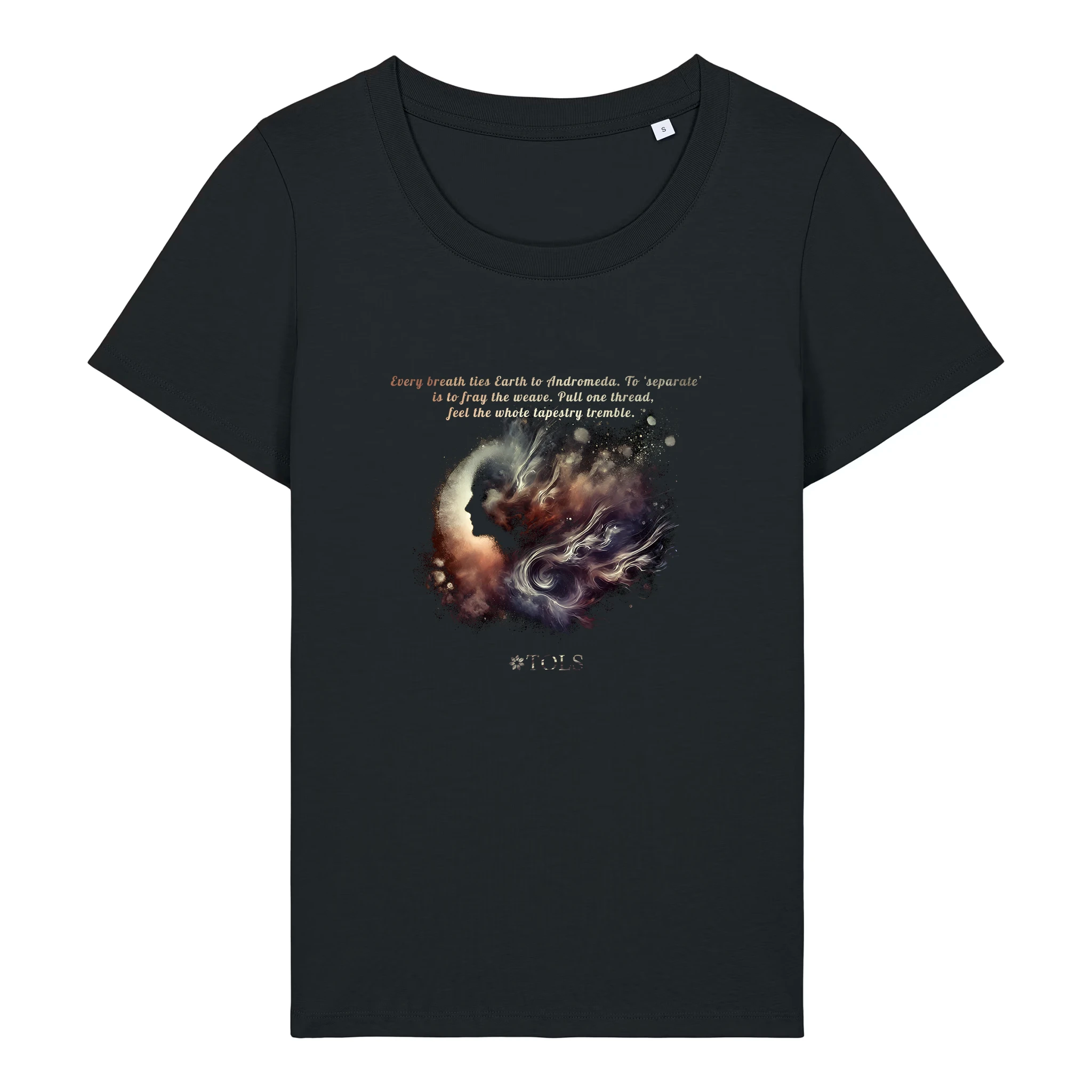 TOLS The Awakening theme women's fitted organic cotton T-shirt in Black, front - Galactic Thread