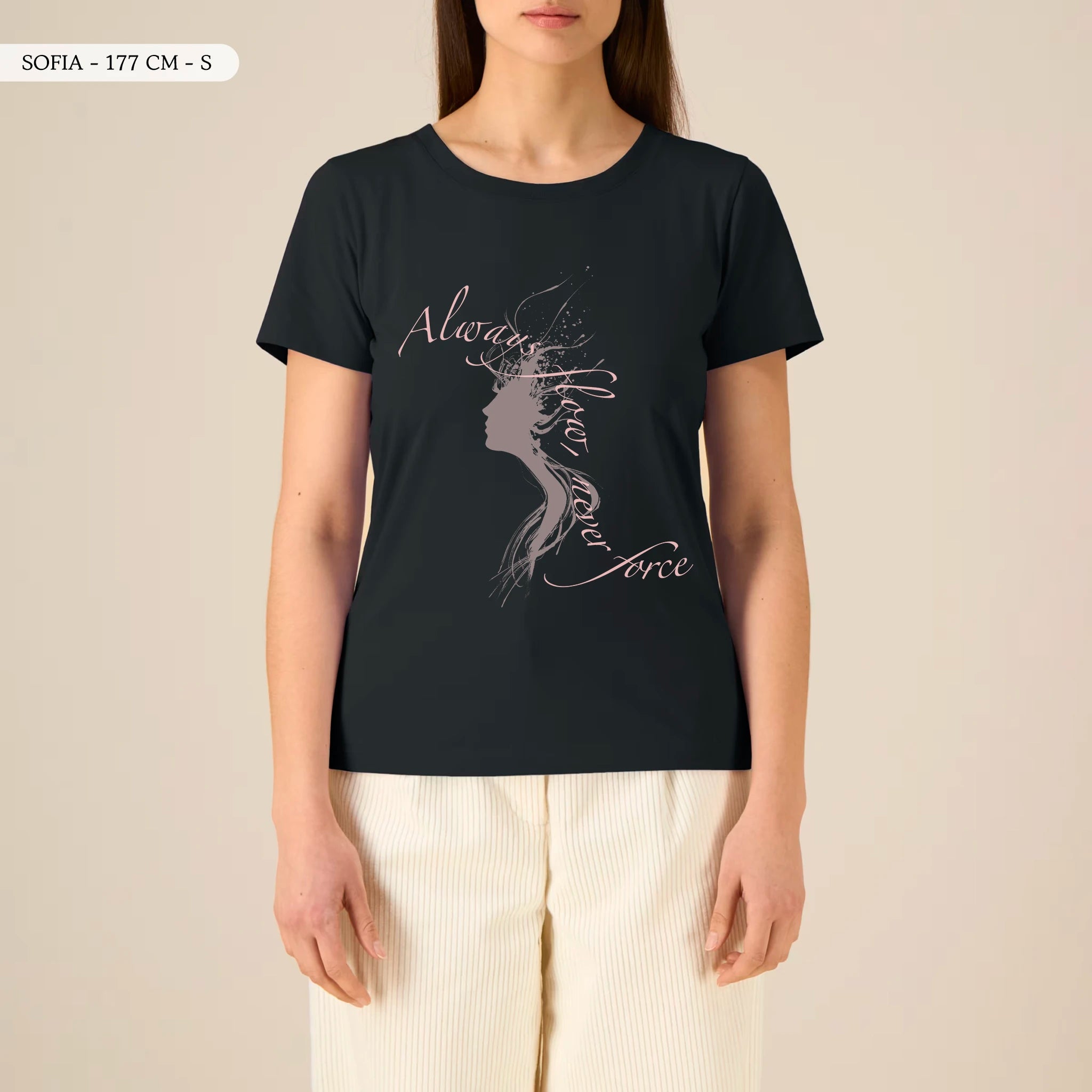 TOLS The Awakening theme women's fitted organic cotton T-shirt in Black, female front - Always Flow