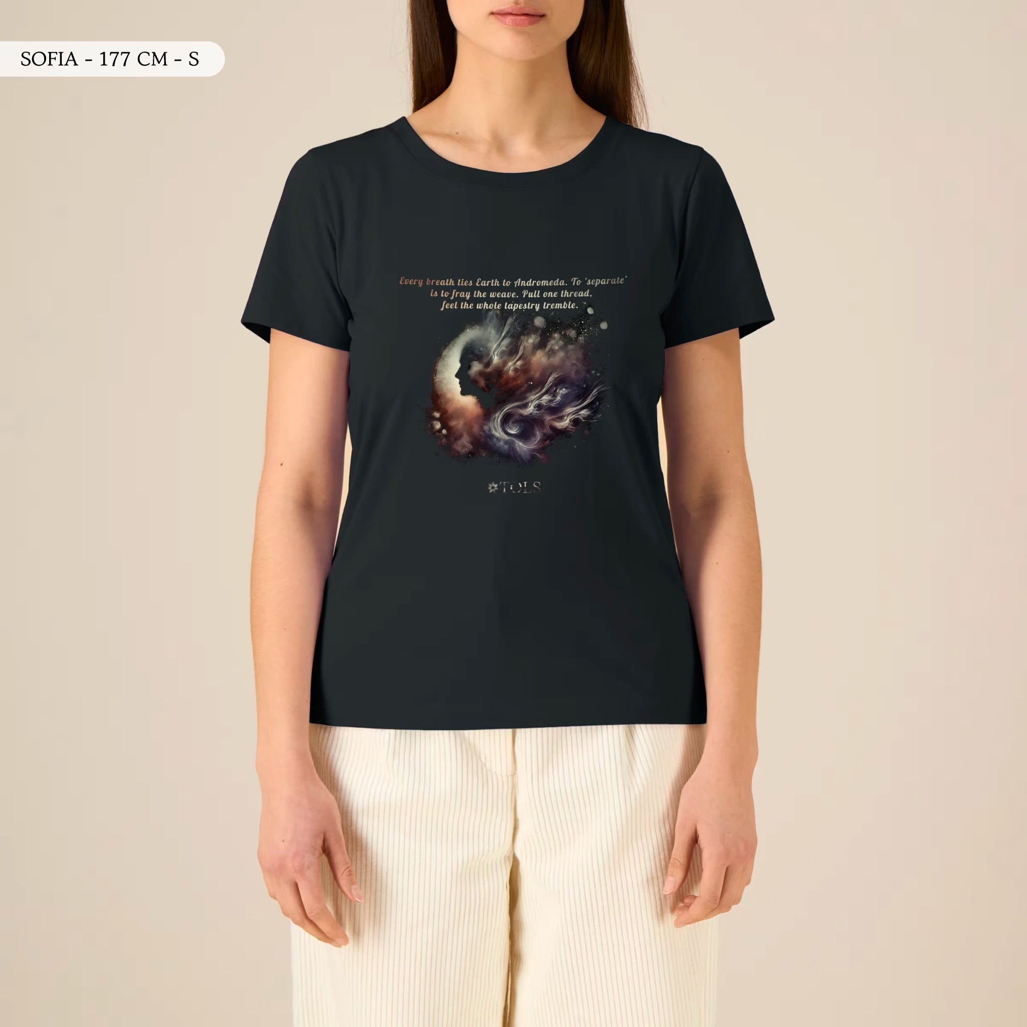 TOLS The Awakening theme women's fitted organic cotton T-shirt in Black, female front - Galactic Thread