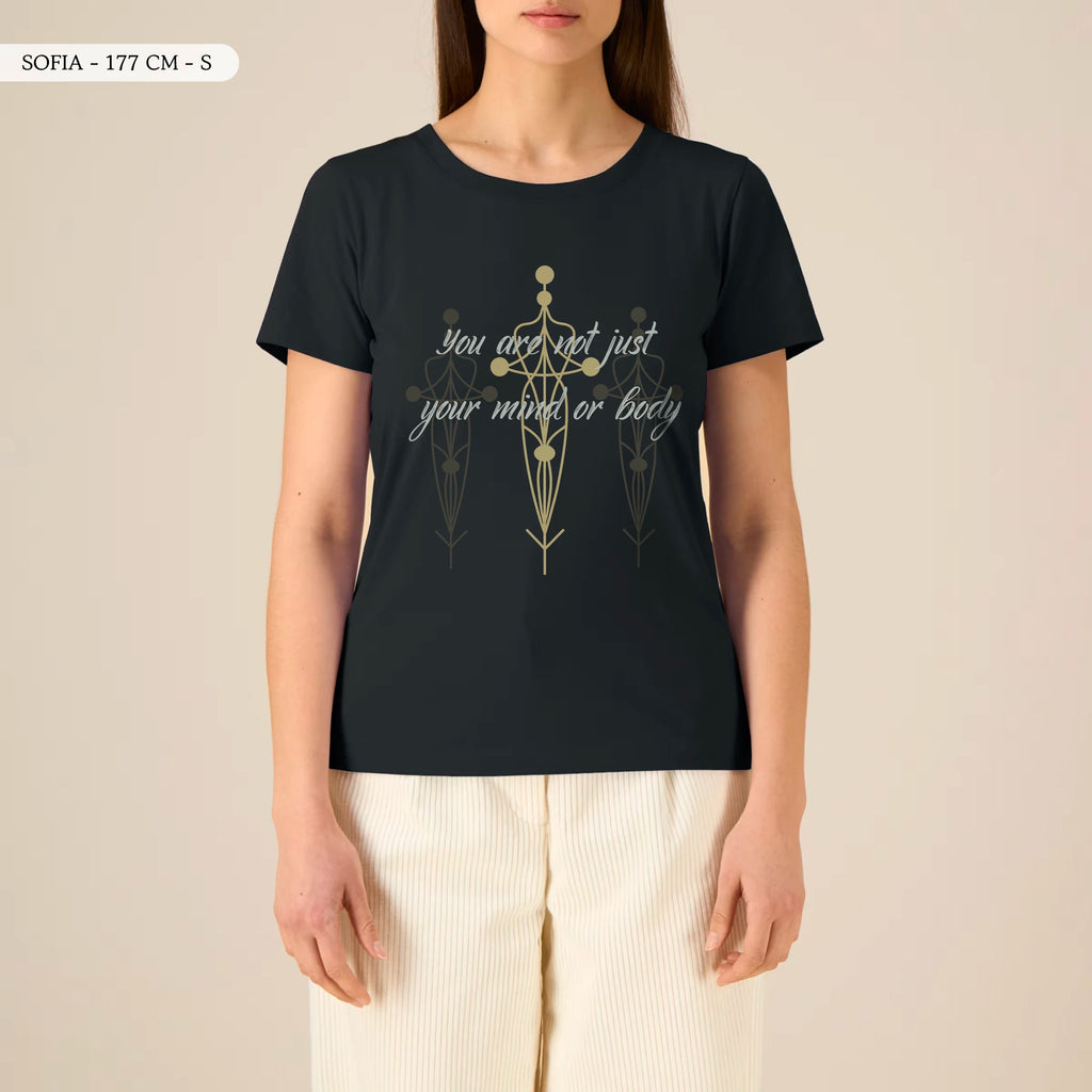 TOLS The Awakening theme women's fitted organic cotton T-shirt in Black, female front - Not Just