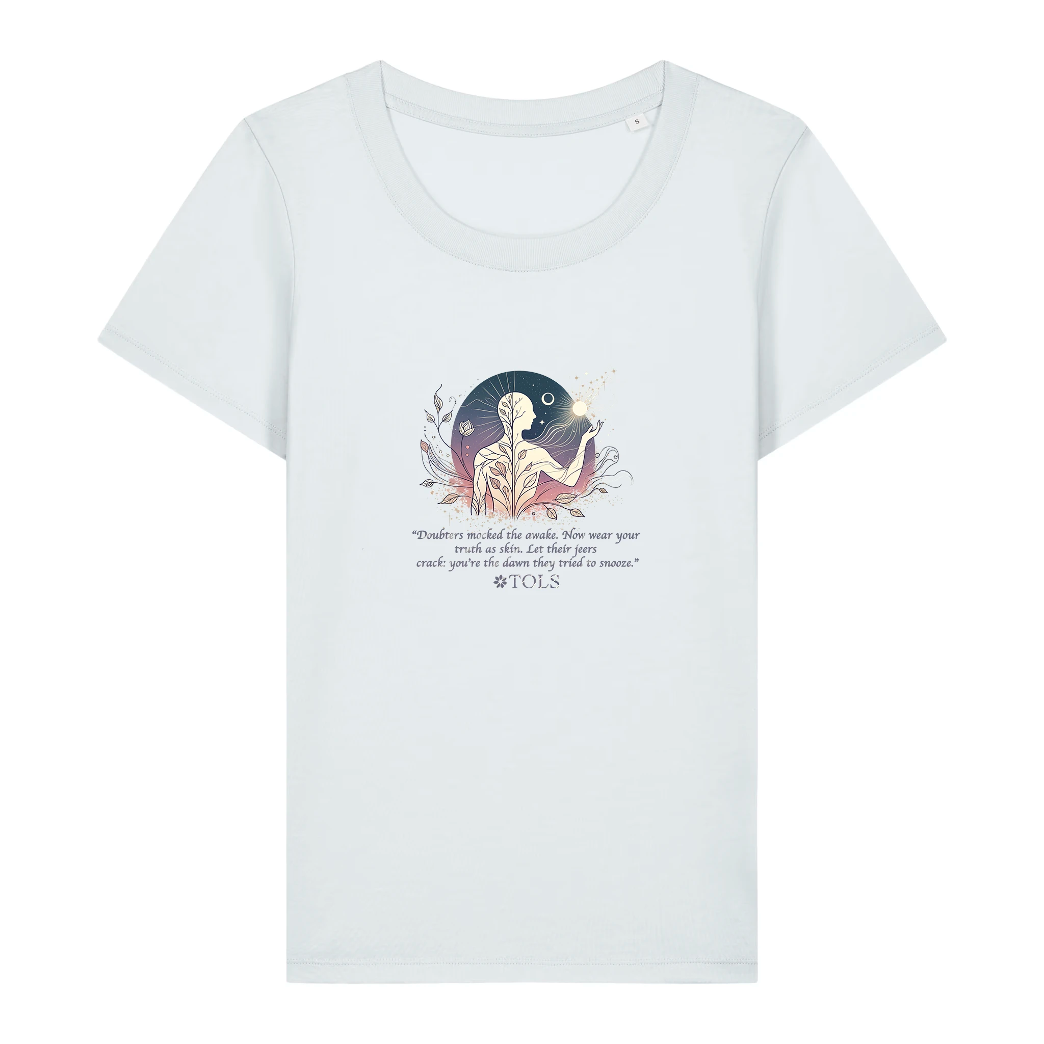TOLS The Awakening theme women's fitted organic cotton T-shirt in Blue Ice, front - Sleepless Light