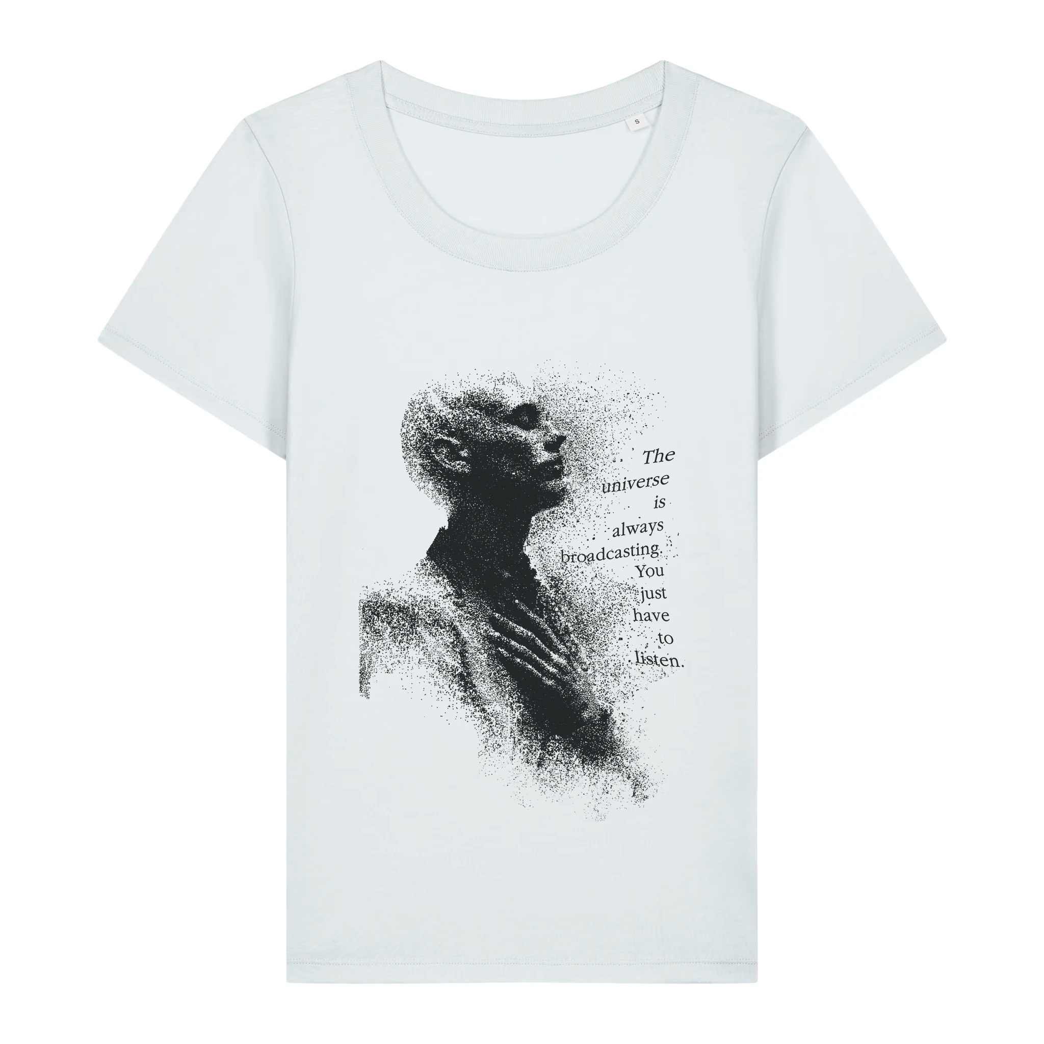 TOLS The Awakening theme women's fitted organic cotton T-shirt in Blue Ice, front - Tune In