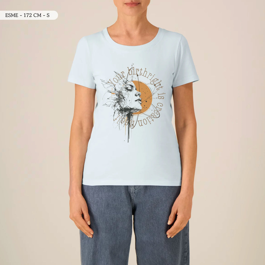 TOLS The Awakening theme women's fitted organic cotton T-shirt in Blue Ice, female front - Remember