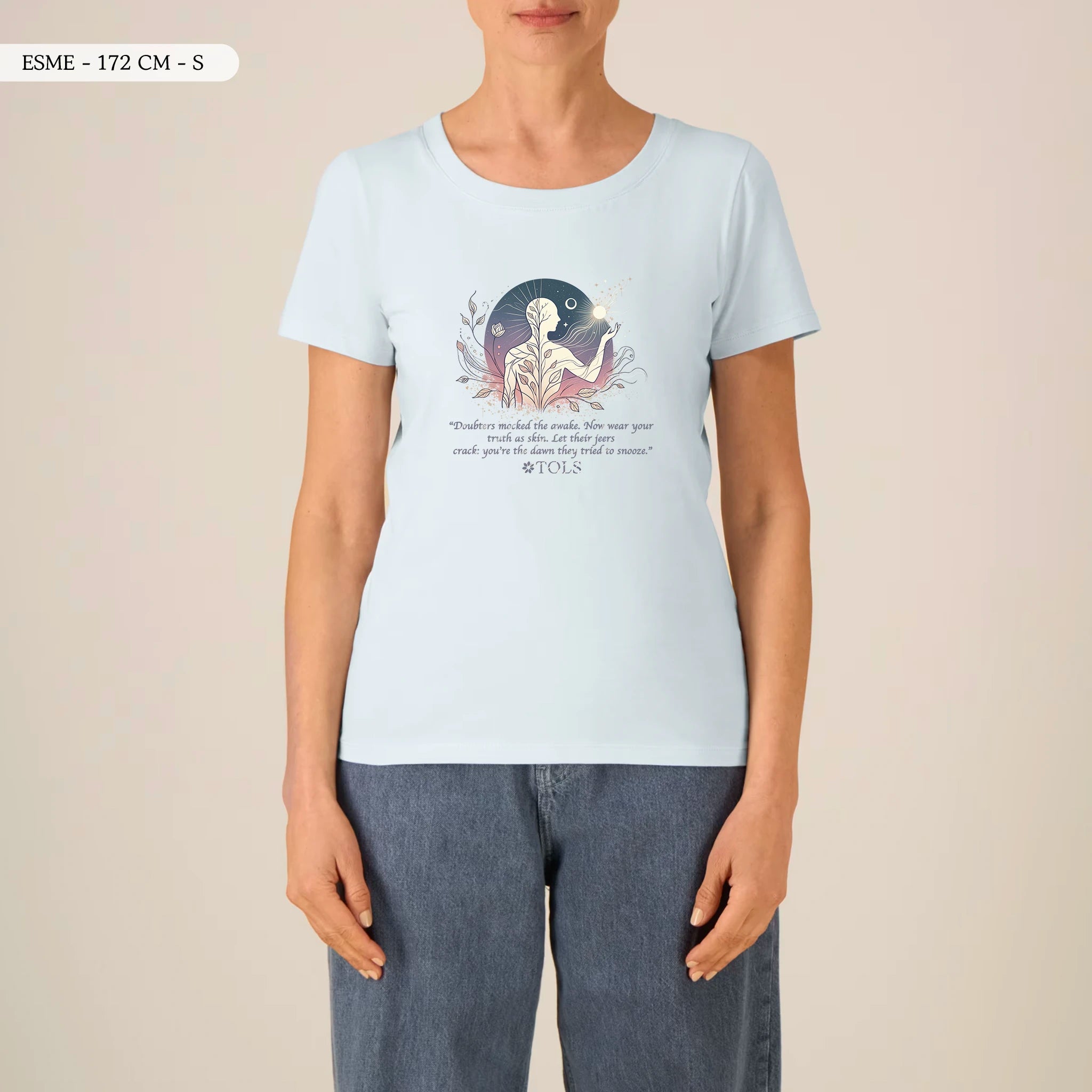 TOLS The Awakening theme women's fitted organic cotton T-shirt in Blue Ice, female front - Sleepless Light
