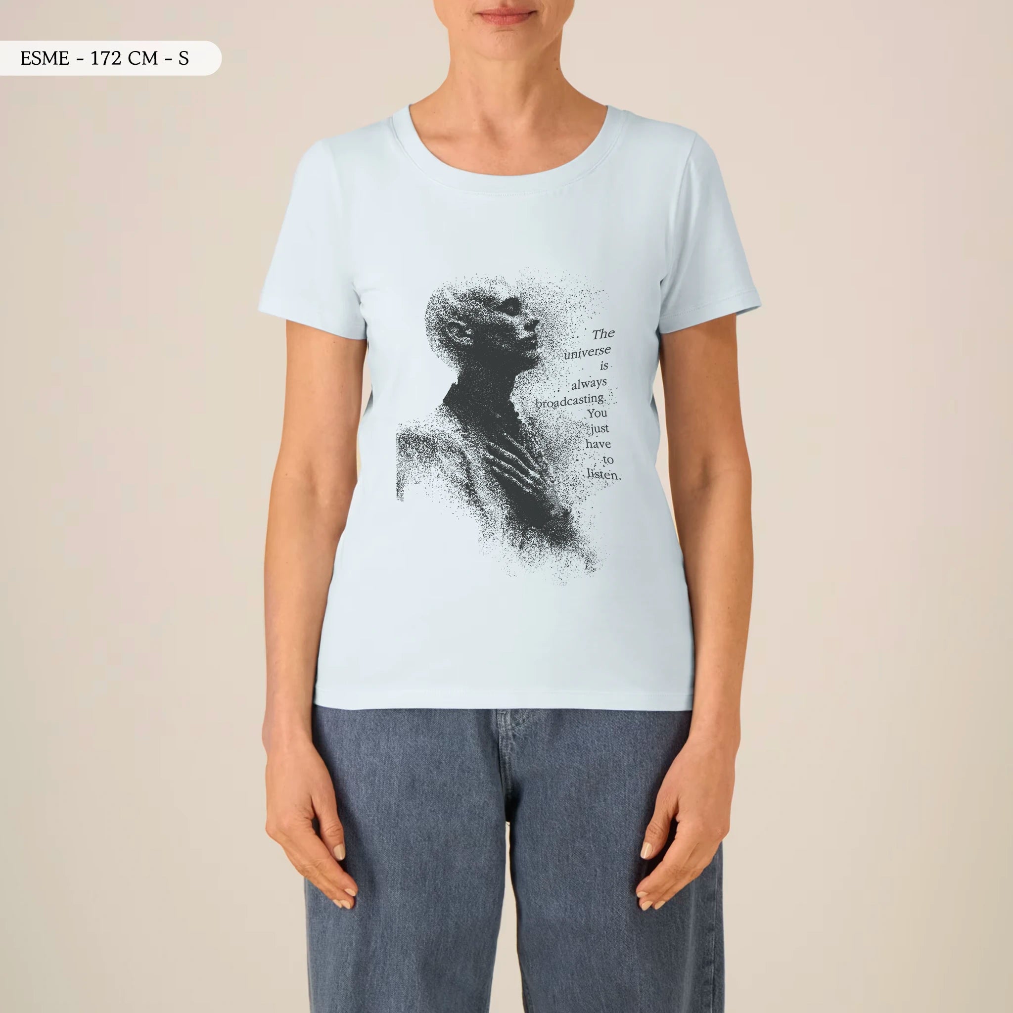 TOLS The Awakening theme women's fitted organic cotton T-shirt in Blue Ice, female front - Tune In