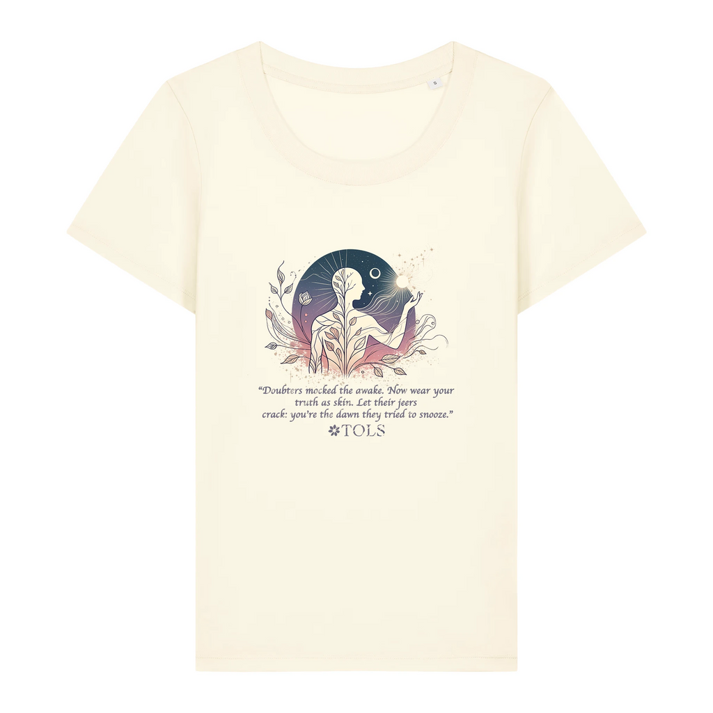 TOLS The Awakening theme women's fitted organic cotton T-shirt in Cream, front - Sleepless Light