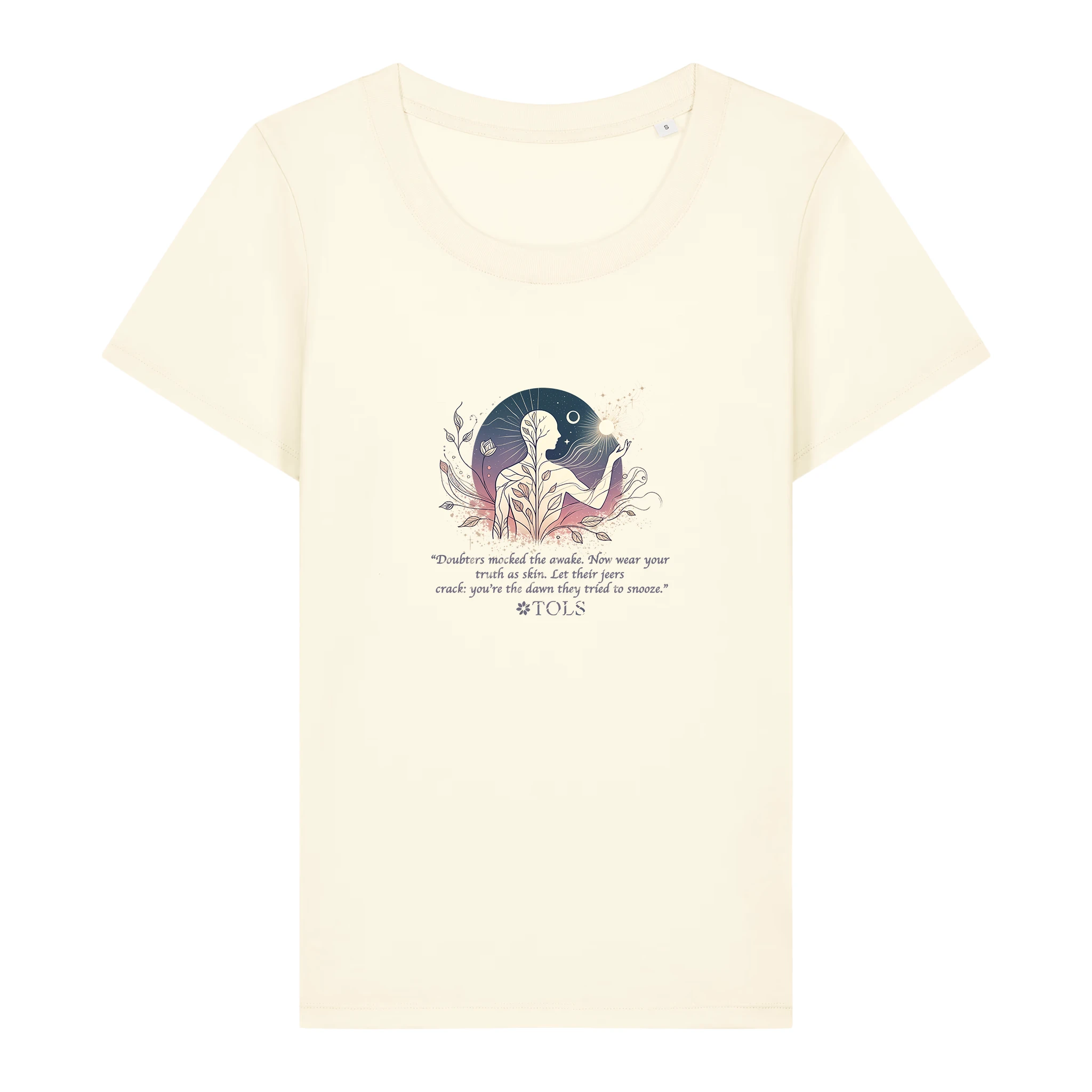 TOLS The Awakening theme women's fitted organic cotton T-shirt in Cream, front - Sleepless Light