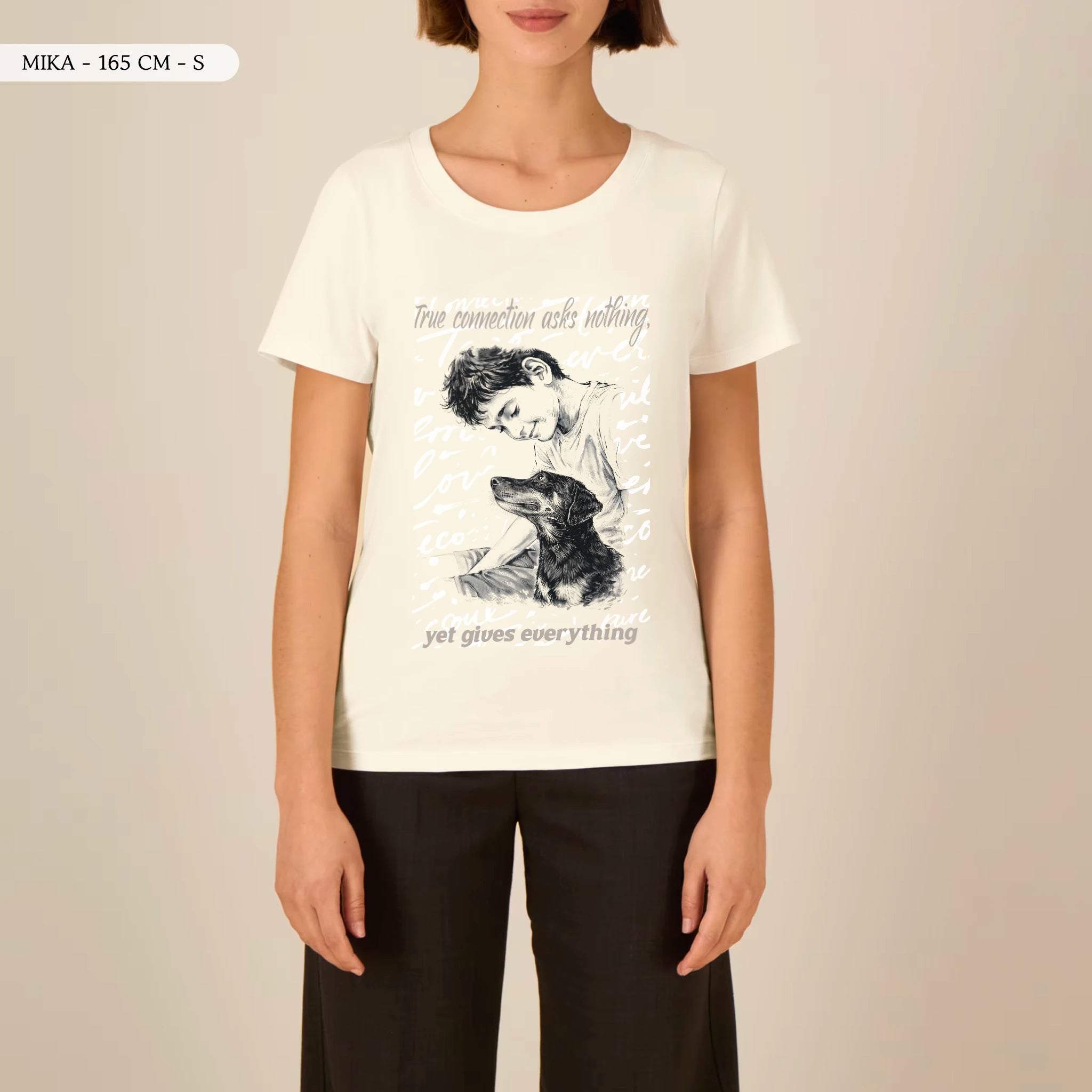 TOLS The Awakening theme women's fitted organic cotton T-shirt in Cream, female front - A Gift of Presence