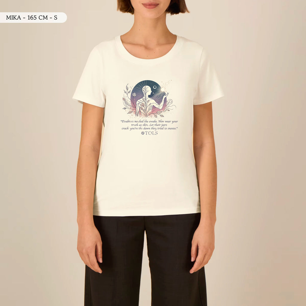 TOLS The Awakening theme women's fitted organic cotton T-shirt in Cream, female front - Sleepless Light