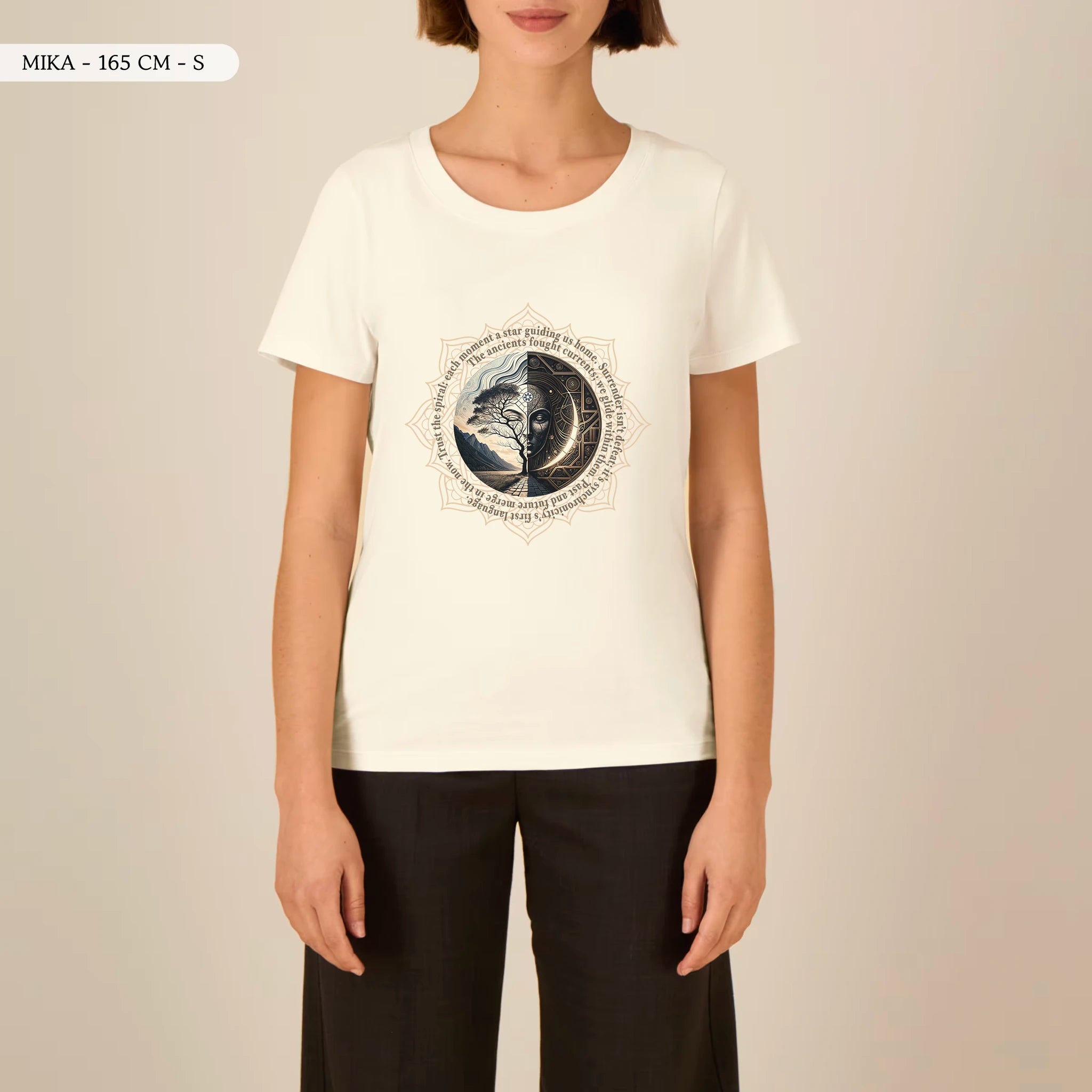 TOLS The Awakening theme women's fitted organic cotton T-shirt in Cream, female front - Spiral Trust