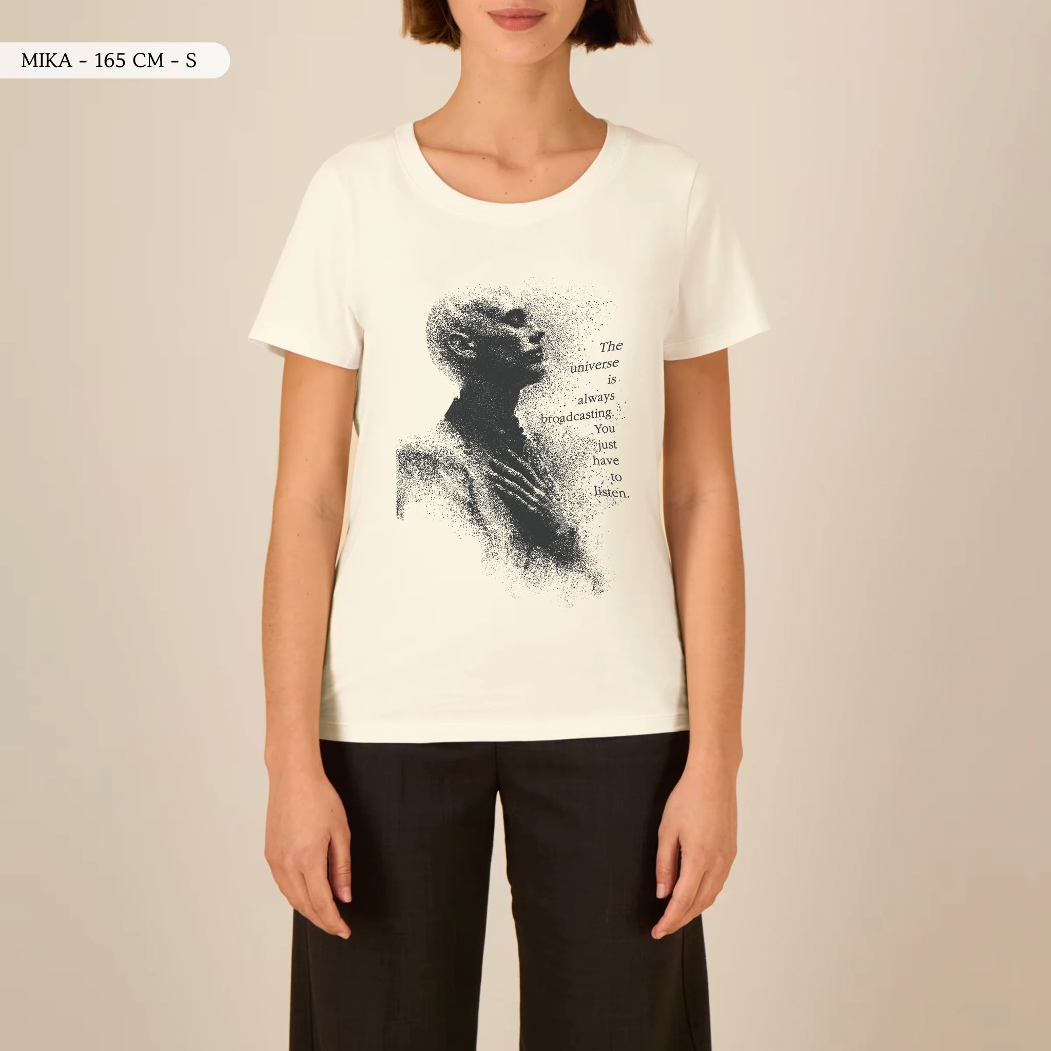 TOLS The Awakening theme women's fitted organic cotton T-shirt in Cream, female front - Tune In