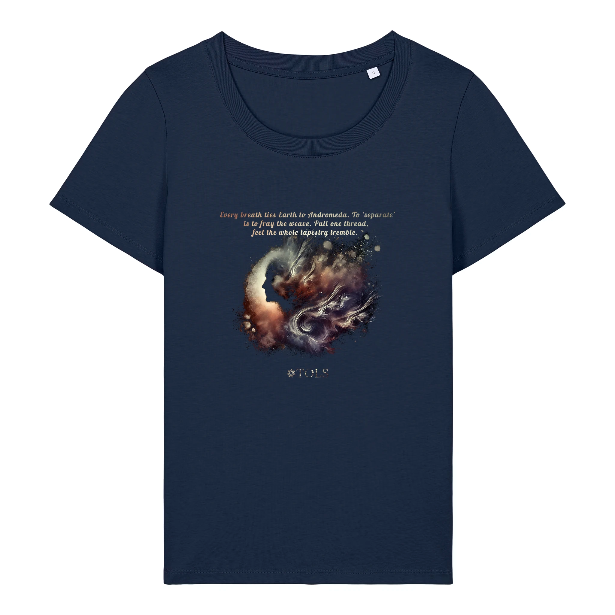 TOLS The Awakening theme women's fitted organic cotton T-shirt in French Navy, front - Galactic Thread