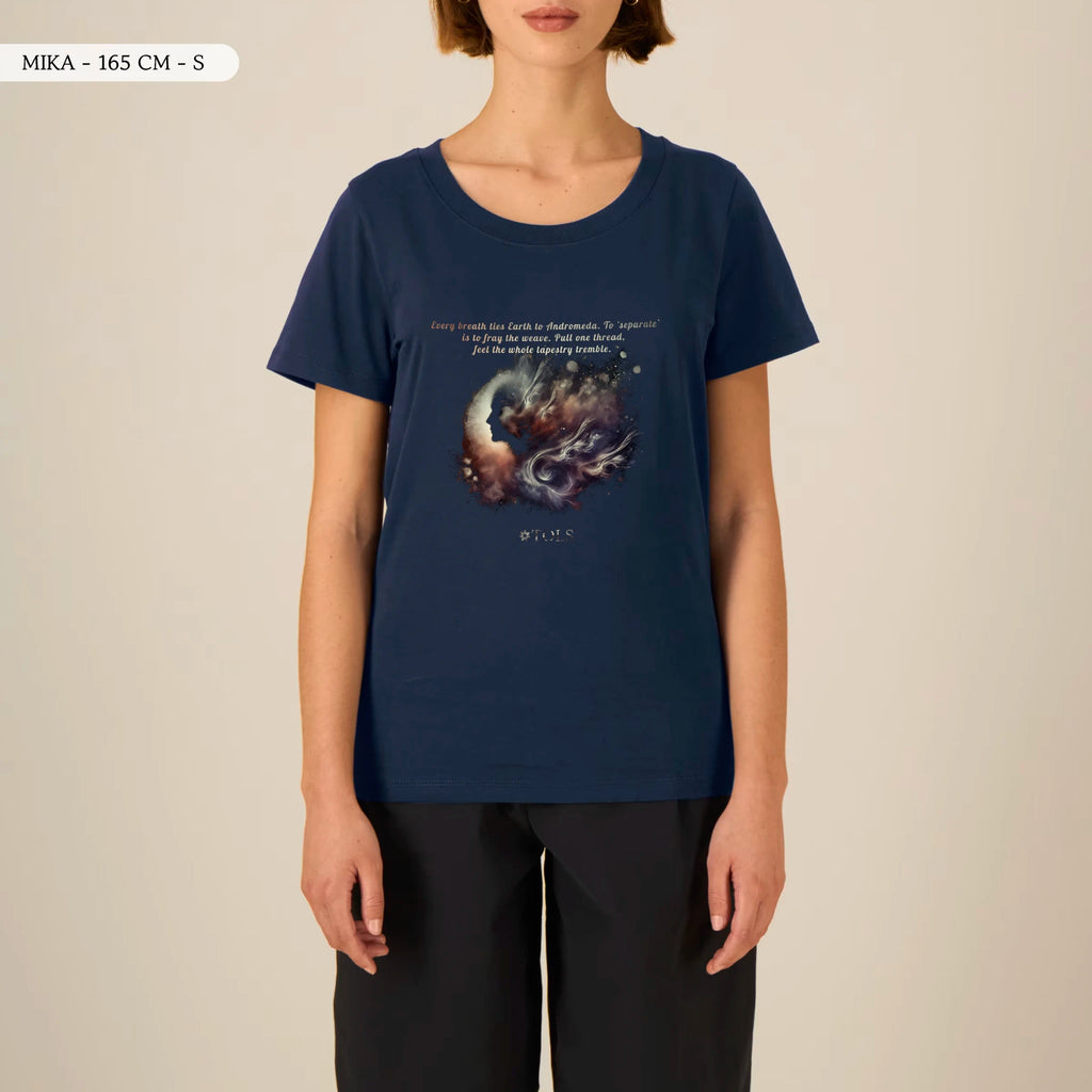 TOLS The Awakening theme women's fitted organic cotton T-shirt in French Navy, female front - Galactic Thread