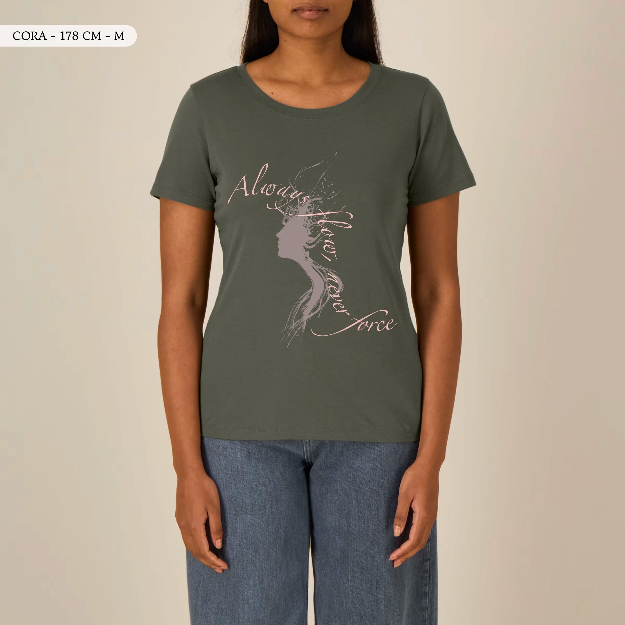 TOLS The Awakening theme women's fitted organic cotton T-shirt in Khaki, female front - Always Flow