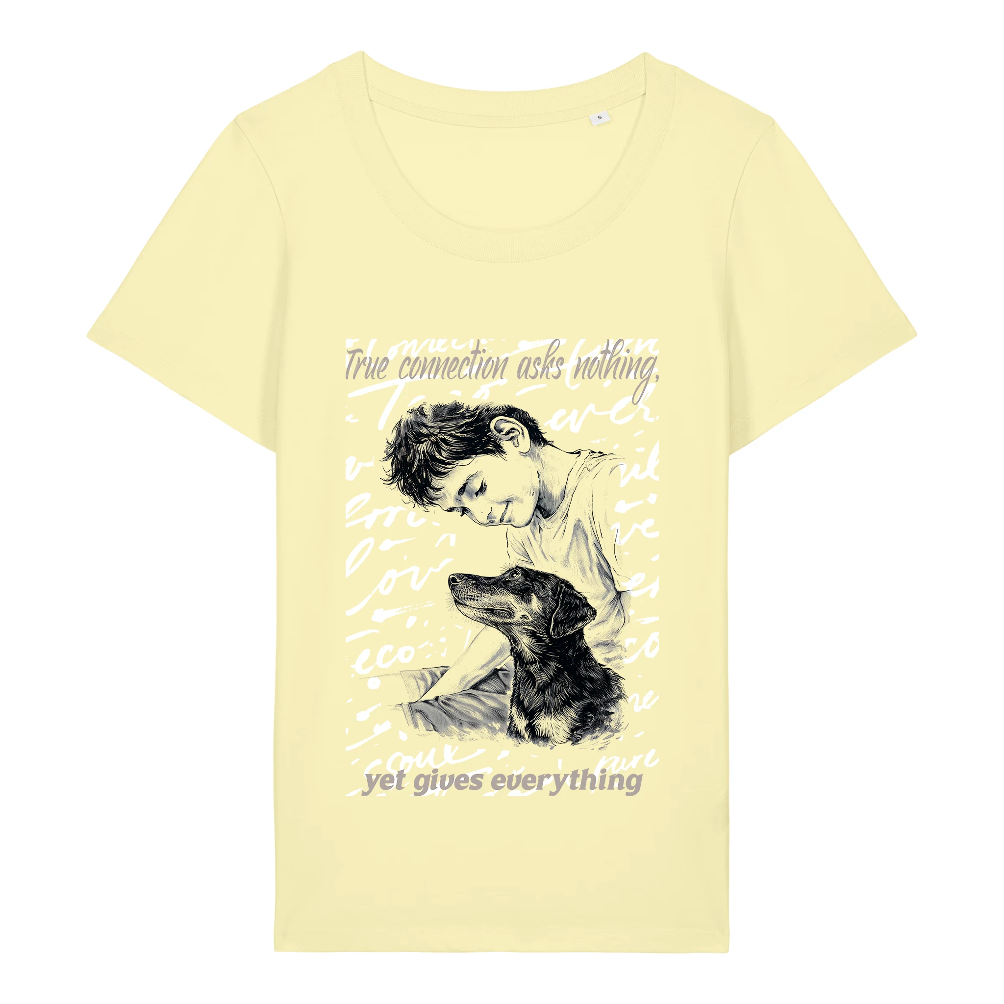 TOLS The Awakening theme women's fitted organic cotton T-shirt in Lemon Sorbet, front - A Gift of Presence