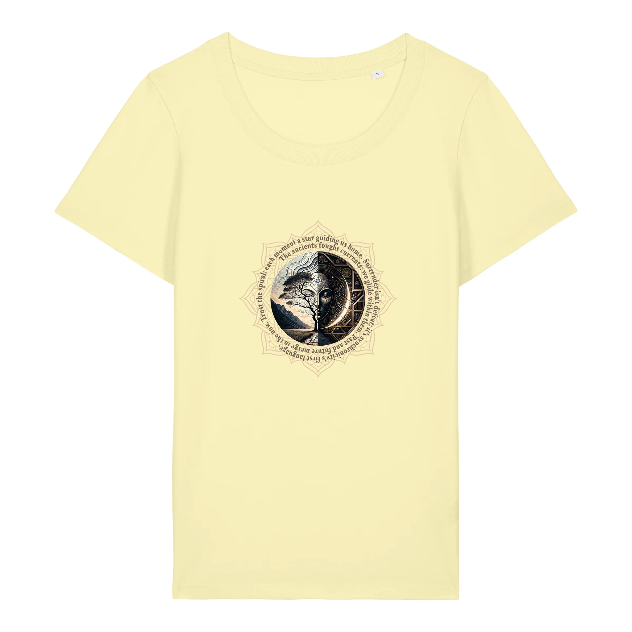 TOLS The Awakening theme women's fitted organic cotton T-shirt in Lemon Sorbet, front - Spiral Trust