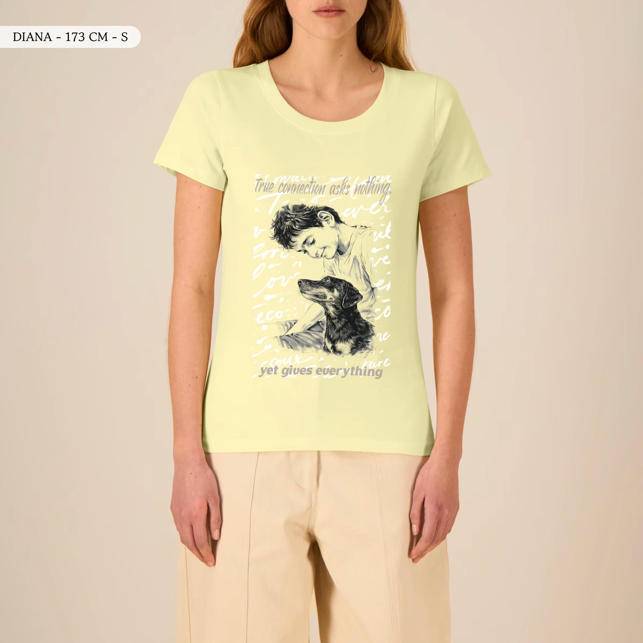TOLS The Awakening theme women's fitted organic cotton T-shirt in Lemon Sorbet, female front - A Gift of Presence