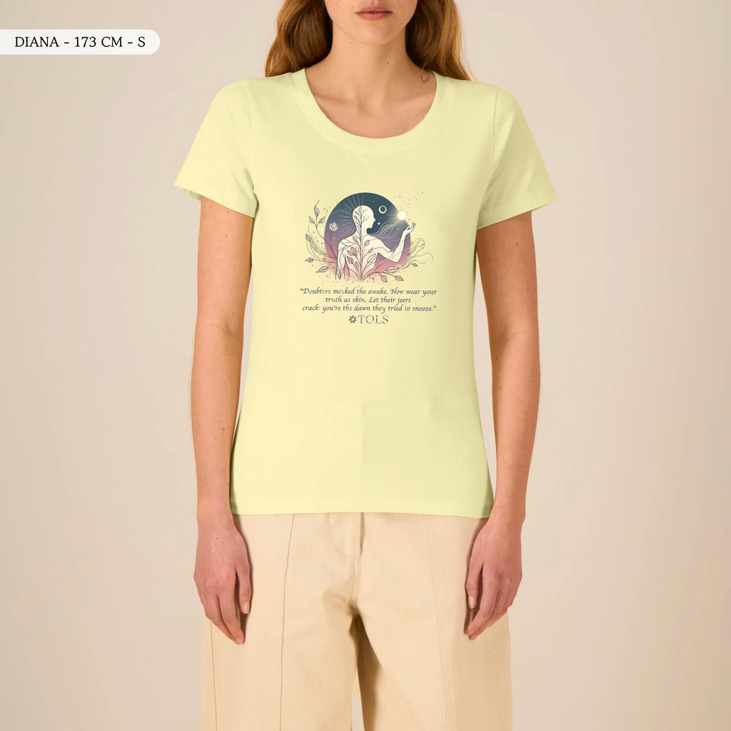 TOLS The Awakening theme women's fitted organic cotton T-shirt in Lemon Sorbet, female front - Sleepless Light