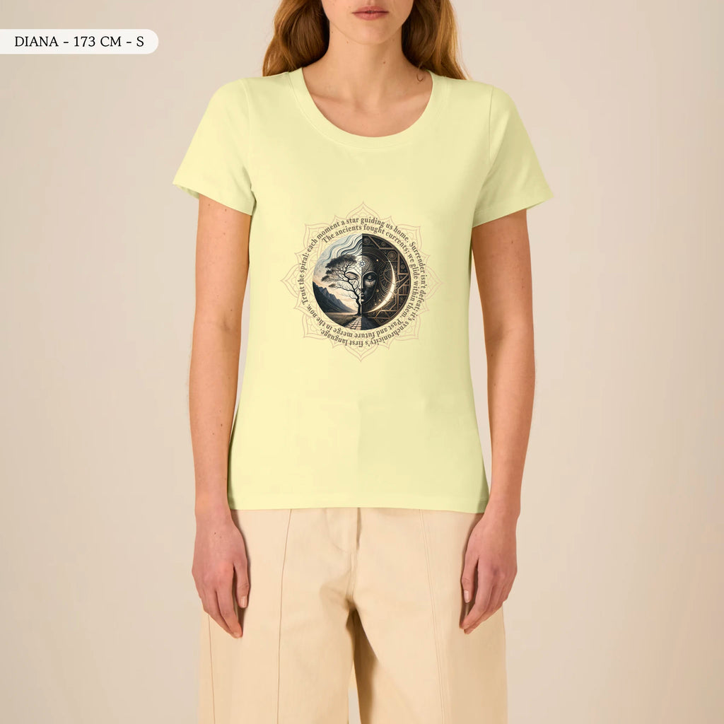 TOLS The Awakening theme women's fitted organic cotton T-shirt in Lemon Sorbet, female front - Spiral Trust