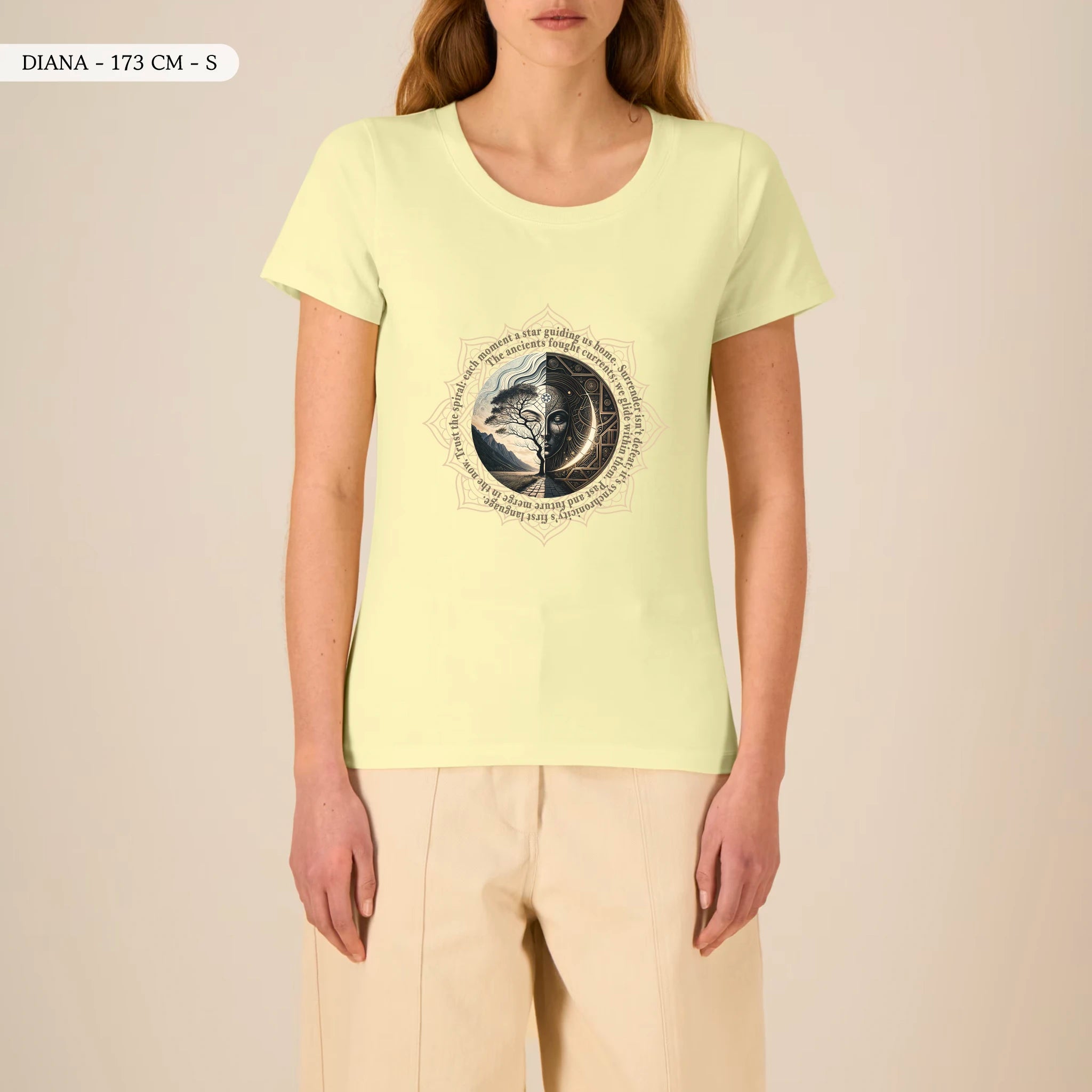TOLS The Awakening theme women's fitted organic cotton T-shirt in Lemon Sorbet, female front - Spiral Trust