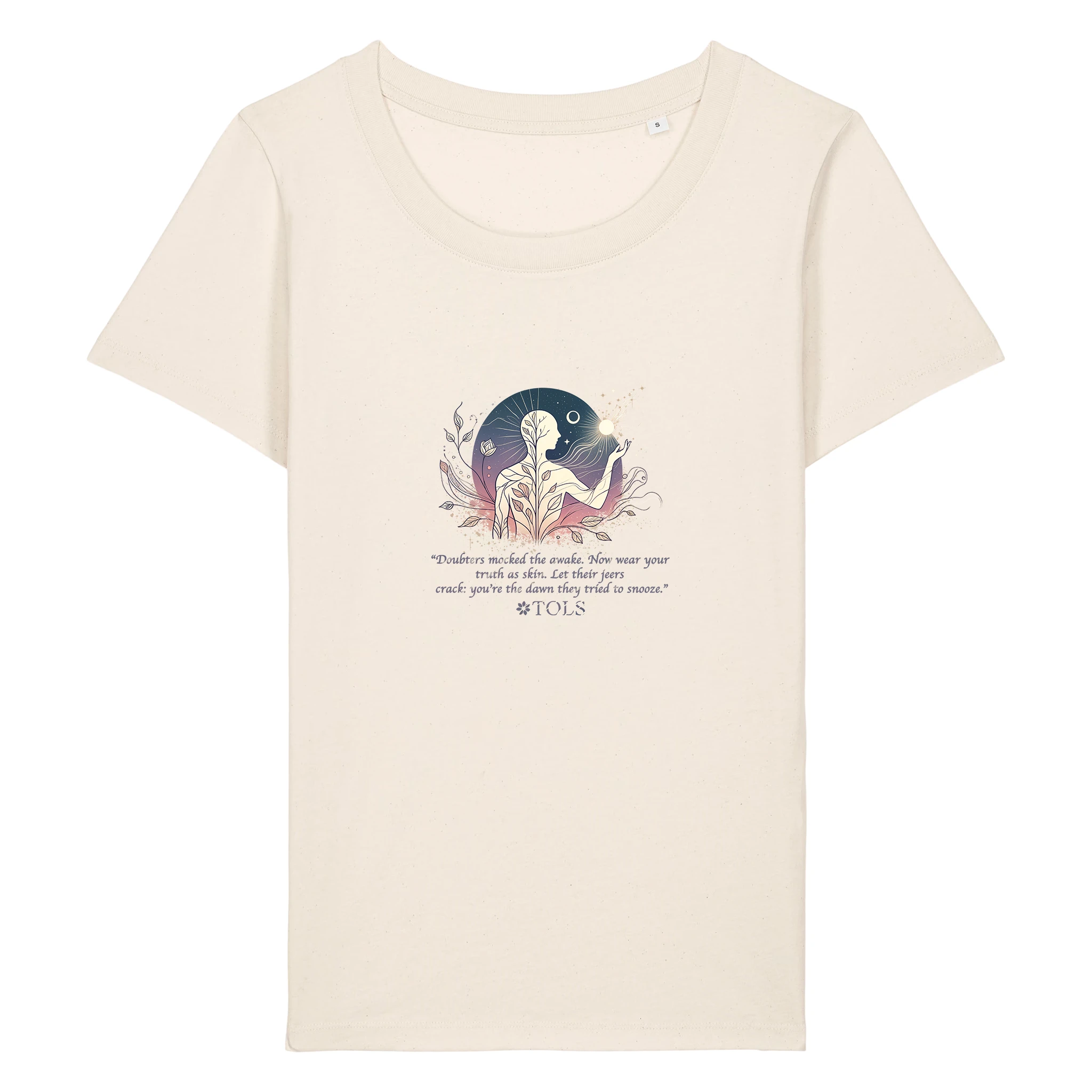 TOLS The Awakening theme women's fitted organic cotton T-shirt in Natural Raw, front - Sleepless Light