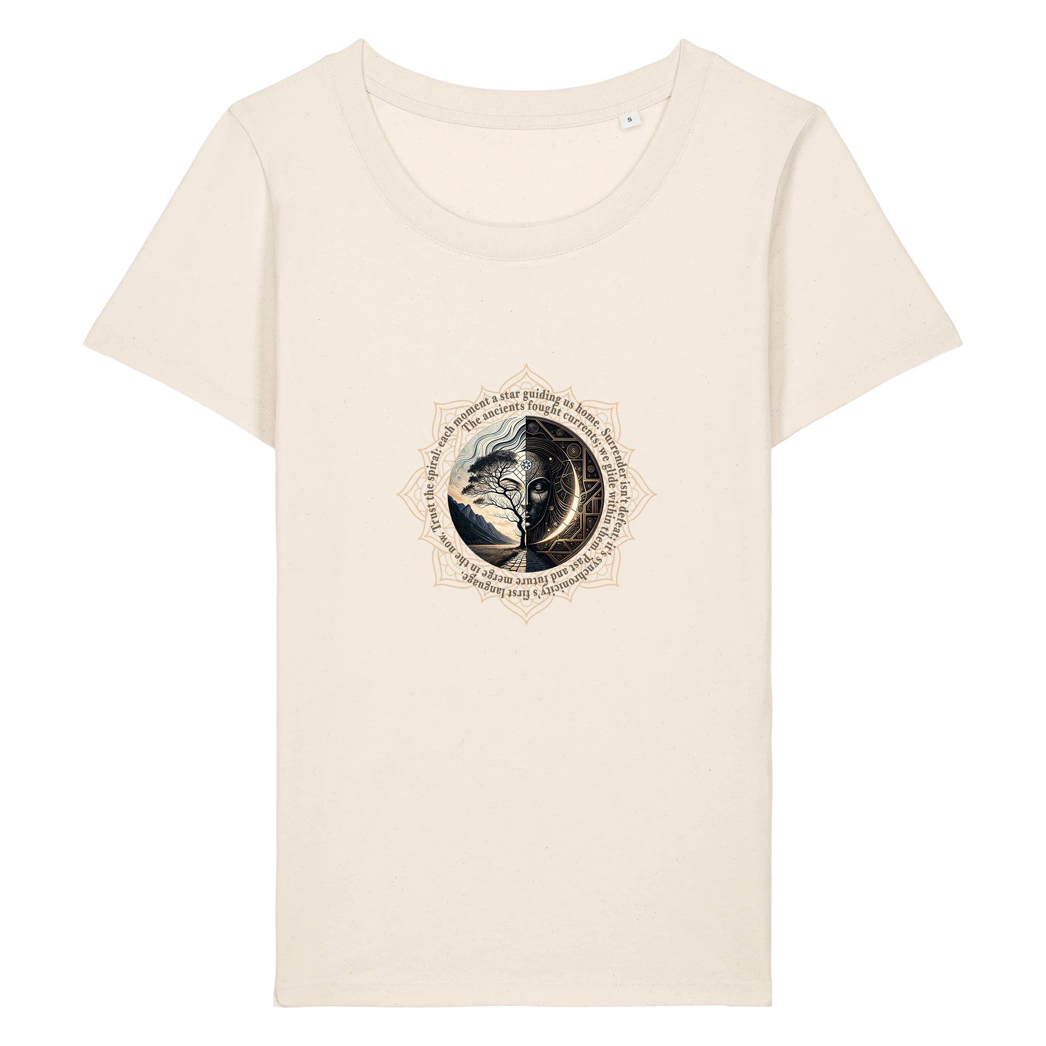 TOLS The Awakening theme women's fitted organic cotton T-shirt in Natural Raw, front - Spiral Trust