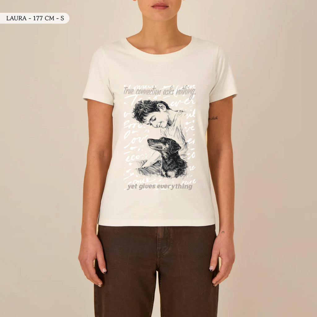 TOLS The Awakening theme women's fitted organic cotton T-shirt in Natural Raw, female front - A Gift of Presence