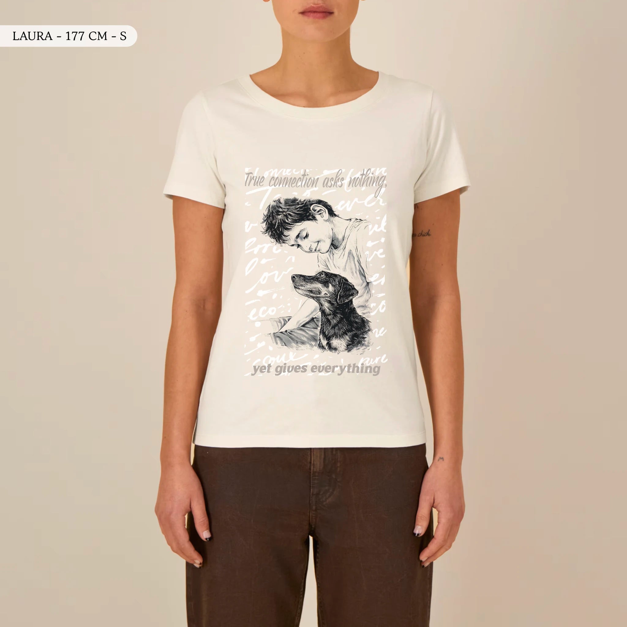 TOLS The Awakening theme women's fitted organic cotton T-shirt in Natural Raw, female front - A Gift of Presence