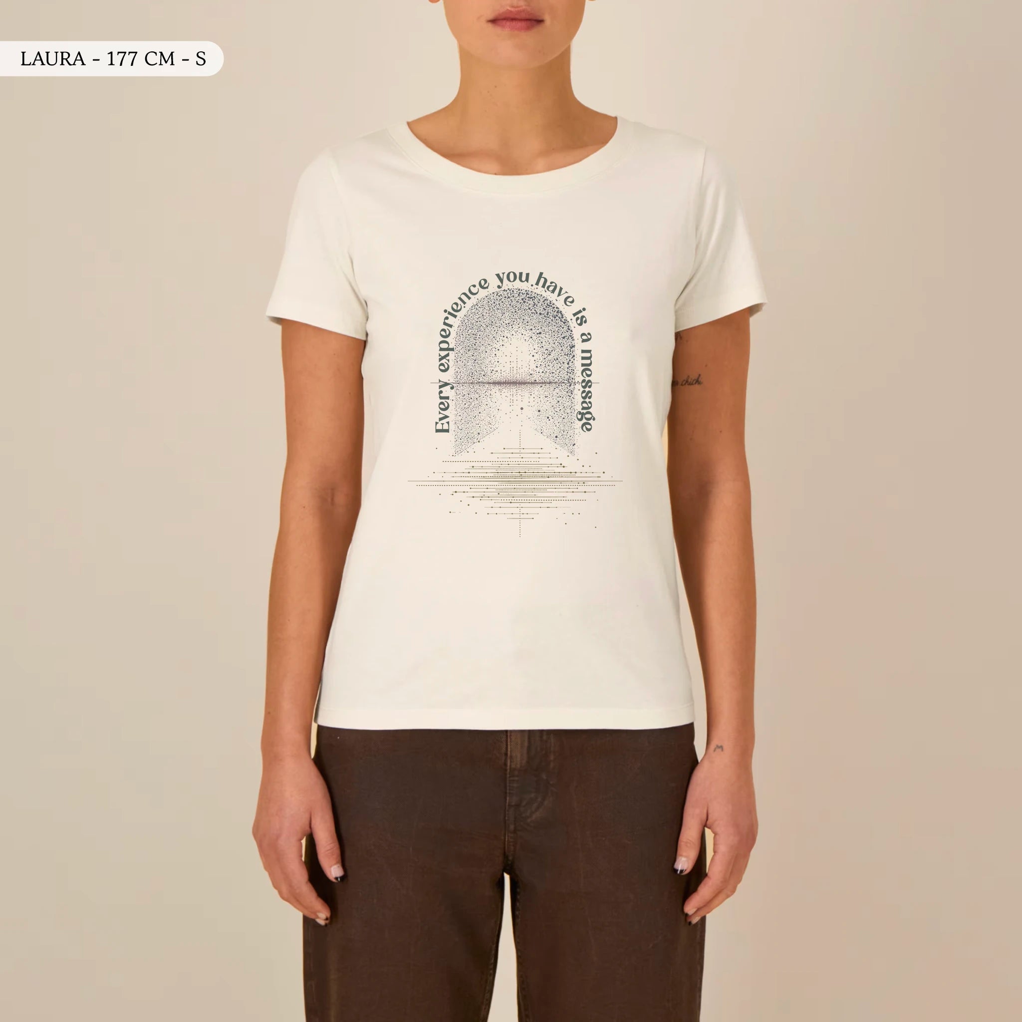 TOLS The Awakening theme women's fitted organic cotton T-shirt in Natural Raw, female front - All Messages