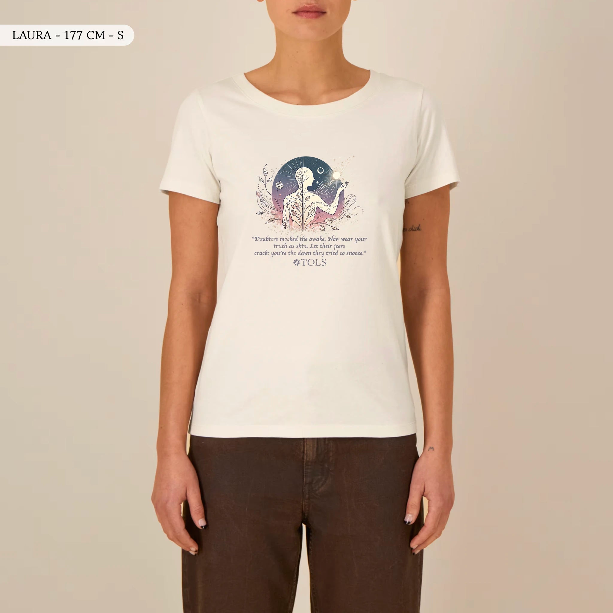 TOLS The Awakening theme women's fitted organic cotton T-shirt in Natural Raw, female front - Sleepless Light