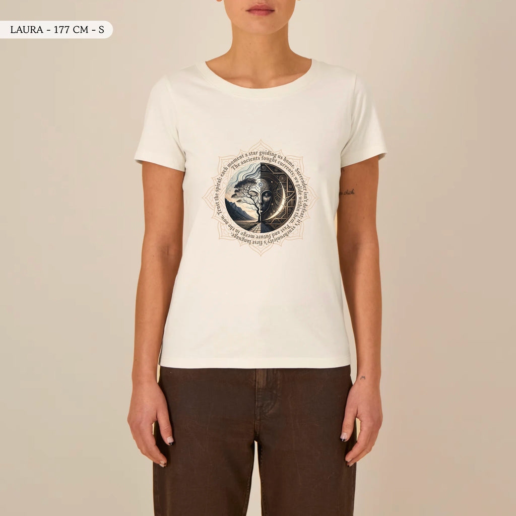 TOLS The Awakening theme women's fitted organic cotton T-shirt in Natural Raw, female front - Spiral Trust