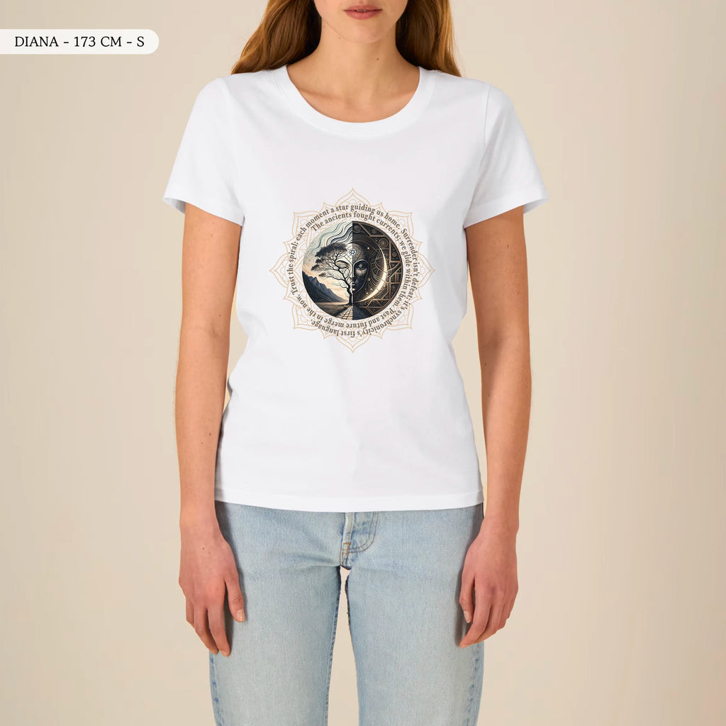 TOLS The Awakening theme women's fitted organic cotton T-shirt in White, female front - Spiral Trust