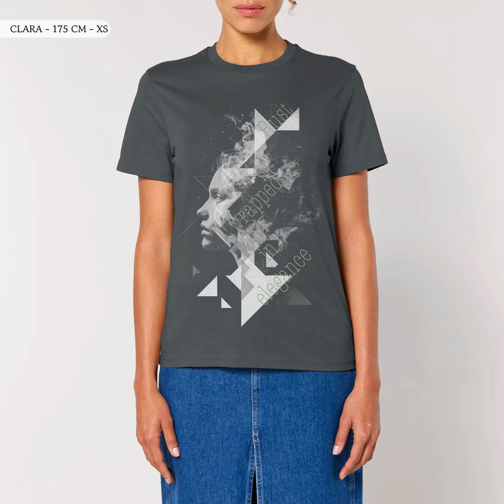 TOLS The Old Ways theme men's unisex medium fit organic cotton T-shirt in Anthracite, female front - Invisible Rust